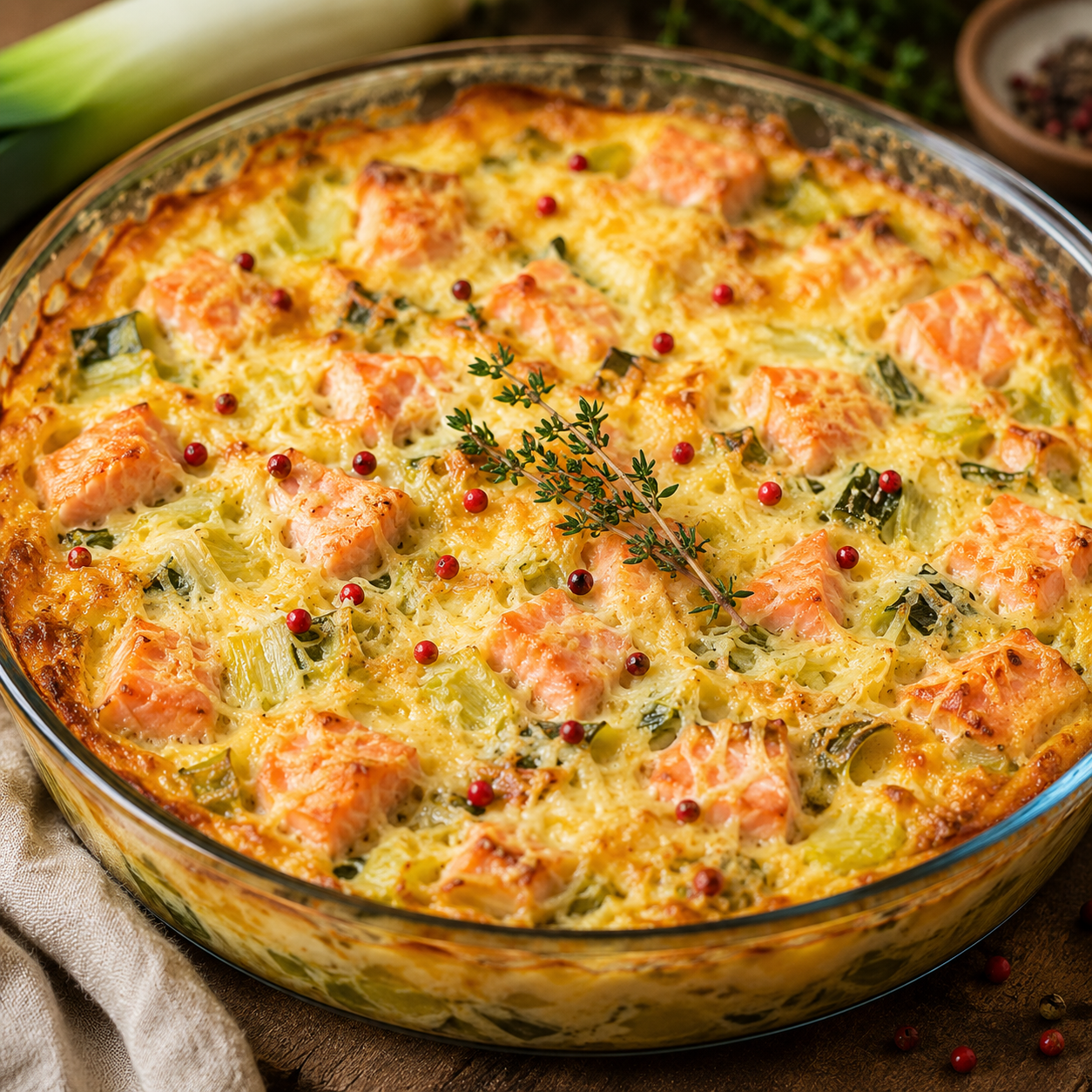 A cozy homemade cooking scene featuring a Pyrex gratin dish filled with a savory clafoutis of salmon and leeks, placed on a rustic wooden kitchen table. Nearby, a non-stick Tefal frying pan sits invitingly, showcasing vibrant, fresh green leeks ready to be sautéed. The soft, warm lighting creates an inviting atmosphere, emphasizing the texture of the ingredients and the reflective surface of the Pyrex dish. Capture the angle from above, offering a clear view of the colorful dish and the preparation ingredients scattered around, such as fresh herbs and eggs, enhancing the inviting mood of family cooking. The background should include simple kitchen utensils and a hint of a homey, lived-in kitchen, evoking a sense of warmth and comfort. Clafoutis salé saumon et poireaux