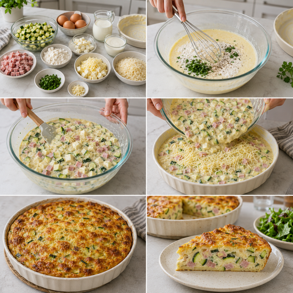 A rustic kitchen table is set with a delicious Clafoutis Salé featuring vibrant zucchini, savory ham, and melted cheese. The dish is golden-brown, slightly puffed, and steam gently rises from it, showcasing its warmth. Surrounding the plate, fresh herbs and a small bowl of mixed greens add a pop of color. Soft, natural light floods the scene through a nearby window, highlighting the texture of the dish and creating gentle shadows. In the background, wooden kitchen utensils and a vine of cherry tomatoes decorate the counter, contributing to the cozy atmosphere. The overall mood is inviting and homely, perfect for capturing the charm of homemade cooking. Clafoutis Salé Courgettes Jambon et Fromage