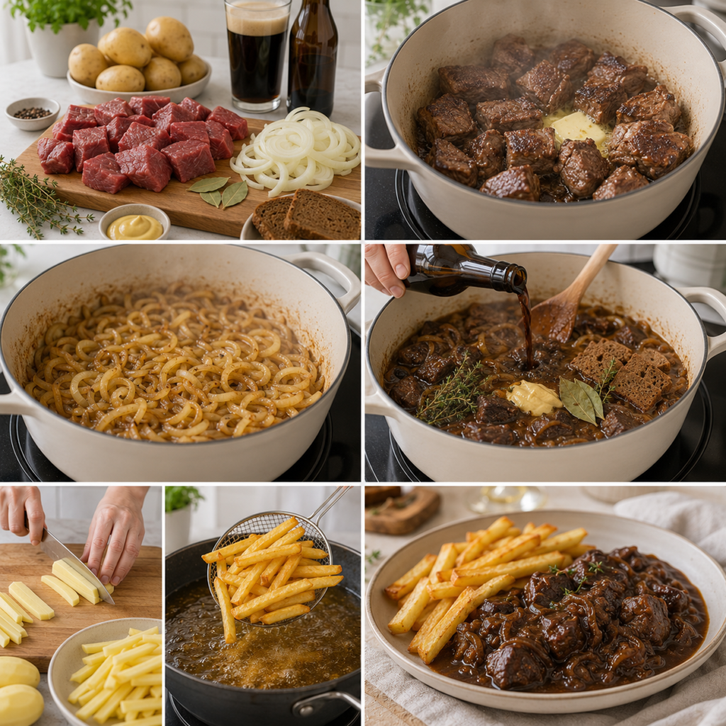 A cozy rustic kitchen scene featuring a cast iron cocotte filled with simmering carbonade flamande, surrounded by fresh ingredients such as beef chunks, onions, garlic, and a sprig of fresh thyme. The foreground displays the cocotte on a weathered wooden table, with nearby ingredients artfully arranged – a bottle of Belgian beer, a small bowl of brown sugar, and a pinch of salt. The middle layer reveals soft natural light filtering through a nearby window, creating warm highlights on the textures of the cocotte and vegetables. The background consists of subtle kitchen elements like herbs in pots and a hutch with rustic dishware, enhancing the homey atmosphere. The overall mood is inviting and intimate, perfect for showcasing culinary craftsmanship. Carbonade Flamande et Frites Maison