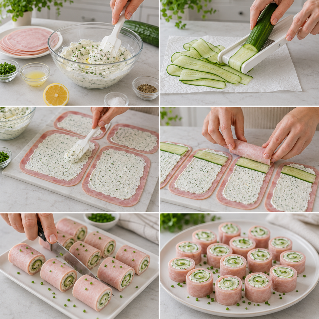 A cozy homemade cooking scene featuring Roulés de Jambon au Concombre et Fromage Frais elegantly plated on a rustic wooden kitchen table. The dish should prominently display rolled slices of ham filled with fresh cream cheese and crunchy cucumber, garnished with fresh herbs. The foreground contains the beautifully arranged rolls, with a small bowl of dipping sauce nearby. In the middle, a worn cutting board holds sliced cucumbers and additional ingredients like herbs and cheese, while kitchen utensils add character. The background includes soft, warm lighting from a nearby window, casting gentle shadows and creating a welcoming atmosphere, evoking a sense of home and culinary delight. Roulés de Jambon au Concombre et Fromage Frais