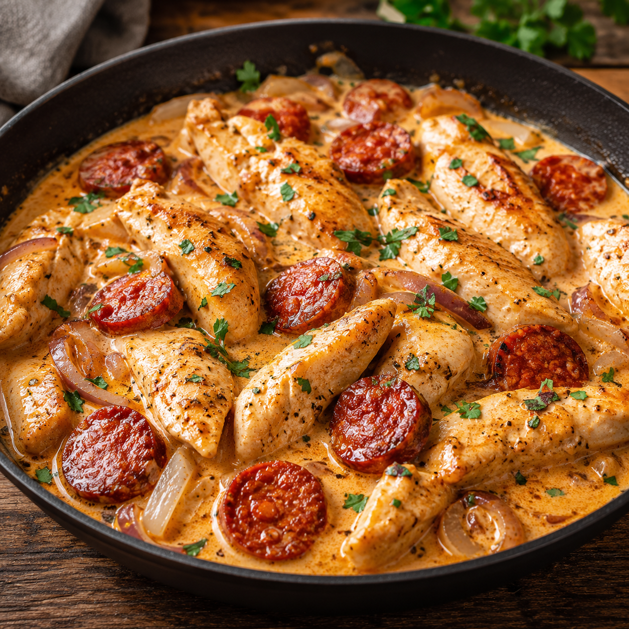 Aiguillettes de Poulet à la Crème Fraîche et au Chorizo