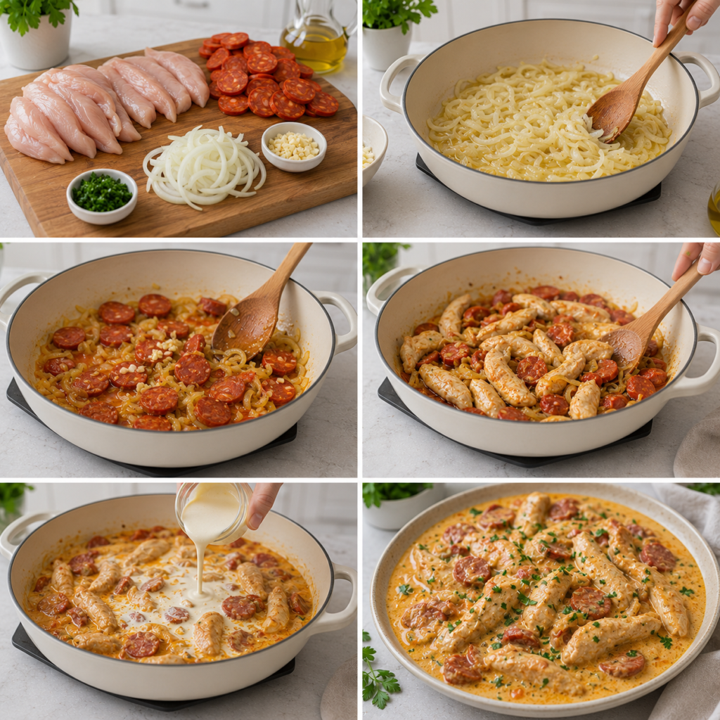 A cozy homemade cooking scene featuring a plate of Aiguillettes de Poulet à la Crème Fraîche et au Chorizo, arranged beautifully on a rustic wooden kitchen table. The chicken strips are golden-brown, garnished with fresh herbs, and drizzled with creamy sauce, contrasting with vibrant red chorizo slices. Surrounding the dish are colorful ingredients like ripe cherry tomatoes, garlic cloves, and fresh green basil. Soft, warm lighting casts inviting shadows across the table, enhancing the homely atmosphere. In the background, a vintage wooden shelf holds various spices and utensils, while a window lets in natural light, contributing to a cheerful cooking vibe. The angle captures both the sumptuous dish and the rustic kitchen setting harmoniously. Aiguillettes de Poulet à la Crème Fraîche et au Chorizo