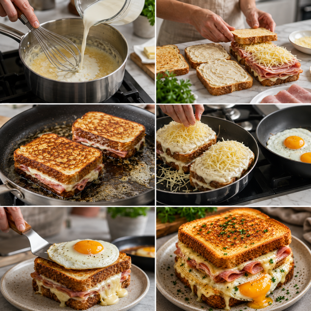 A cozy homemade cooking scene featuring Croque-Madame Gourmand à la Béchamel, Jambon et Fromage, beautifully plated on a rustic wooden kitchen table. In the foreground, the dish is garnished with fresh herbs, surrounded by a small bowl of béchamel sauce and slices of ham and cheese. In the middle ground, a vintage knife and fork are elegantly arranged beside the plate, while a glass of red wine adds a touch of sophistication. Soft, natural light filters through a nearby window, casting gentle shadows to create a warm, inviting atmosphere. In the background, rustic kitchen elements like a wooden cutting board and a few hanging pots add charm. The overall mood is one of comfort and culinary delight, emphasizing the art of French cooking. Croque-Madame Gourmand à la Béchamel Jambon et Fromage