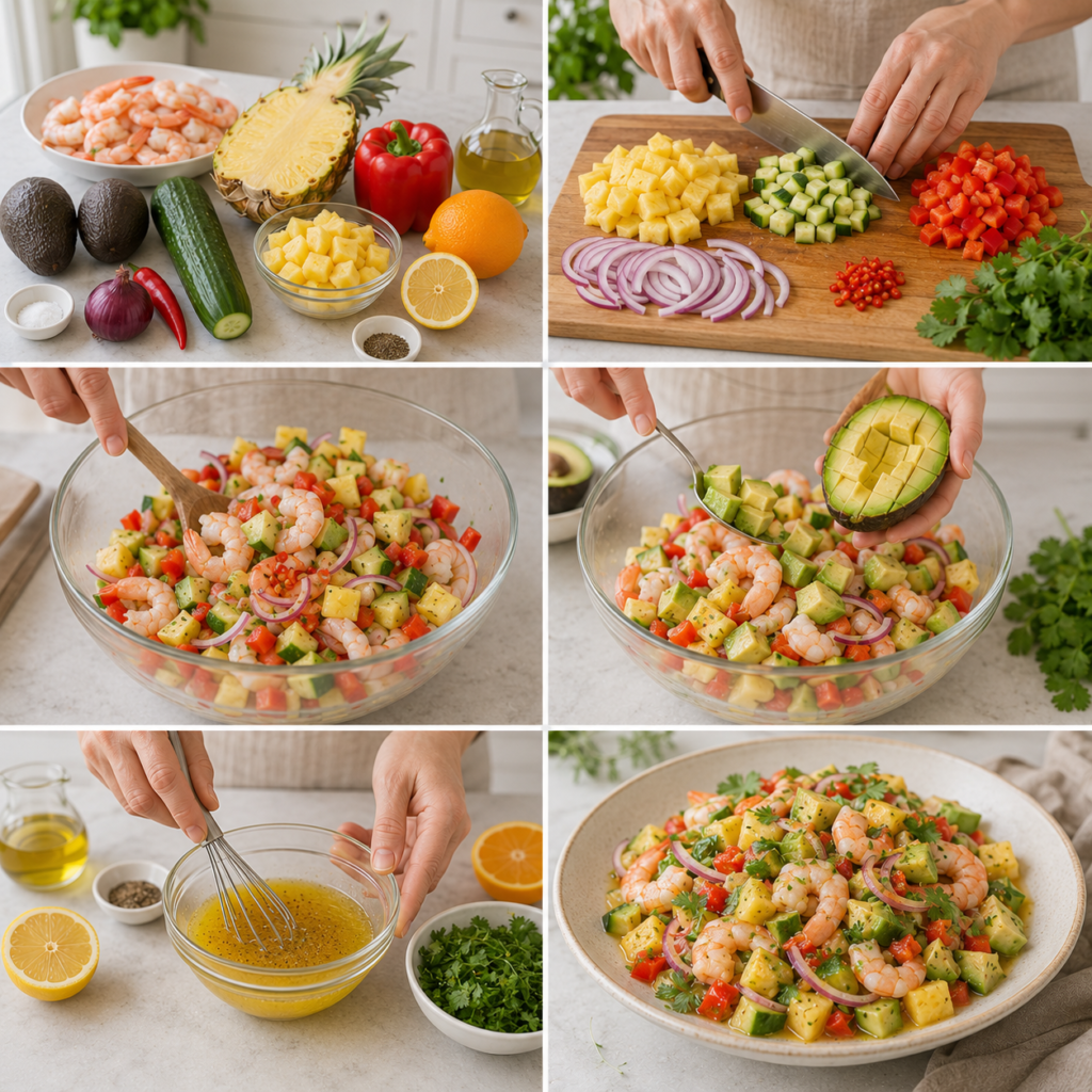 A cozy homemade cooking scene showcasing a preparation bowl filled with vibrant tropical ingredients. In the foreground, a clear glass salad bowl contains fresh shrimp, juicy pineapple chunks, and bright green cilantro leaves, artfully arranged. Surrounding the bowl are smaller bowls with sliced red onions, diced tomatoes, and lime wedges, creating a colorful composition. In the middle, a rustic wooden kitchen table adds warmth, with a soft, checked cloth underneath the salad bowl. The background features softly blurred kitchen elements like fresh herbs, utensils, and a hint of natural light streaming through a window, creating an inviting atmosphere. The lighting is warm and soft, enhancing the freshness of the ingredients, evoking a sense of comfort and home-cooked charm. Salade Tropicale de Crevettes à l’Ananas et à la Coriandre