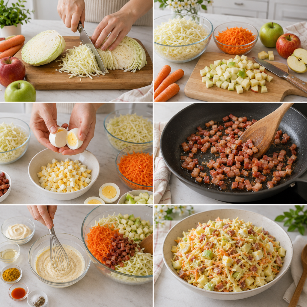 A rustic kitchen scene bathed in warm, natural light, focusing on a vegetable grater placed prominently in the foreground. The grater is maded of shiny stainless steel, its surface reflecting the light, surrounded by fresh ingredients for a salad: crisp green cabbage, bright red apples, and vibrant carrots, all freshly washed and cut. In the middle ground, wooden chopping boards and a knife are artistically arranged, suggesting preparation in progress. The background features softly blurred shelves with jars of spices and herbs, enhancing the cozy, homemade cooking atmosphere. The image captures a sense of warmth and inviting home culinary craft, perfect for illustrating the preparation of a refreshing salad. Salade au Chou Blanc et aux Pommes