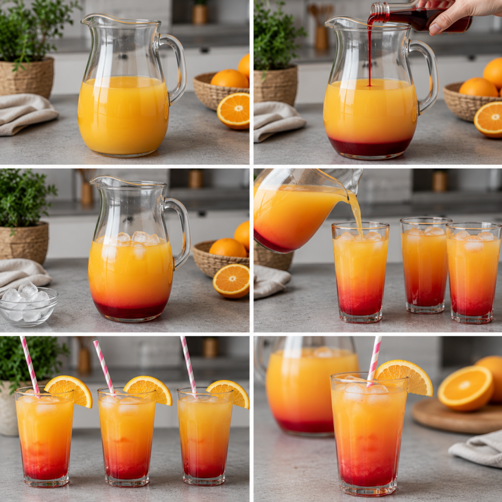 A cozy homemade cooking scene showcasing a charming kitchen table adorned with a bright yellow citrus juicer, surrounded by fresh oranges, limes, and a bottle of grenadine. The foreground features a sparkling glass filled with a vibrant orange cocktail, garnished with a slice of orange and a cherry, reflecting warm, natural light. In the middle, soft textures like a linen tablecloth complement the rustic wooden table, while scattered cocktail-making tools, such as a jigger and a muddler, add character. The background features shelves filled with colorful jars and spices, enhancing the inviting atmosphere. The overall lighting is warm and inviting, creating a cheerful mood perfect for a child-friendly cocktail preparation scene. Cocktail à la Grenadine et à l’Orange pour Enfants