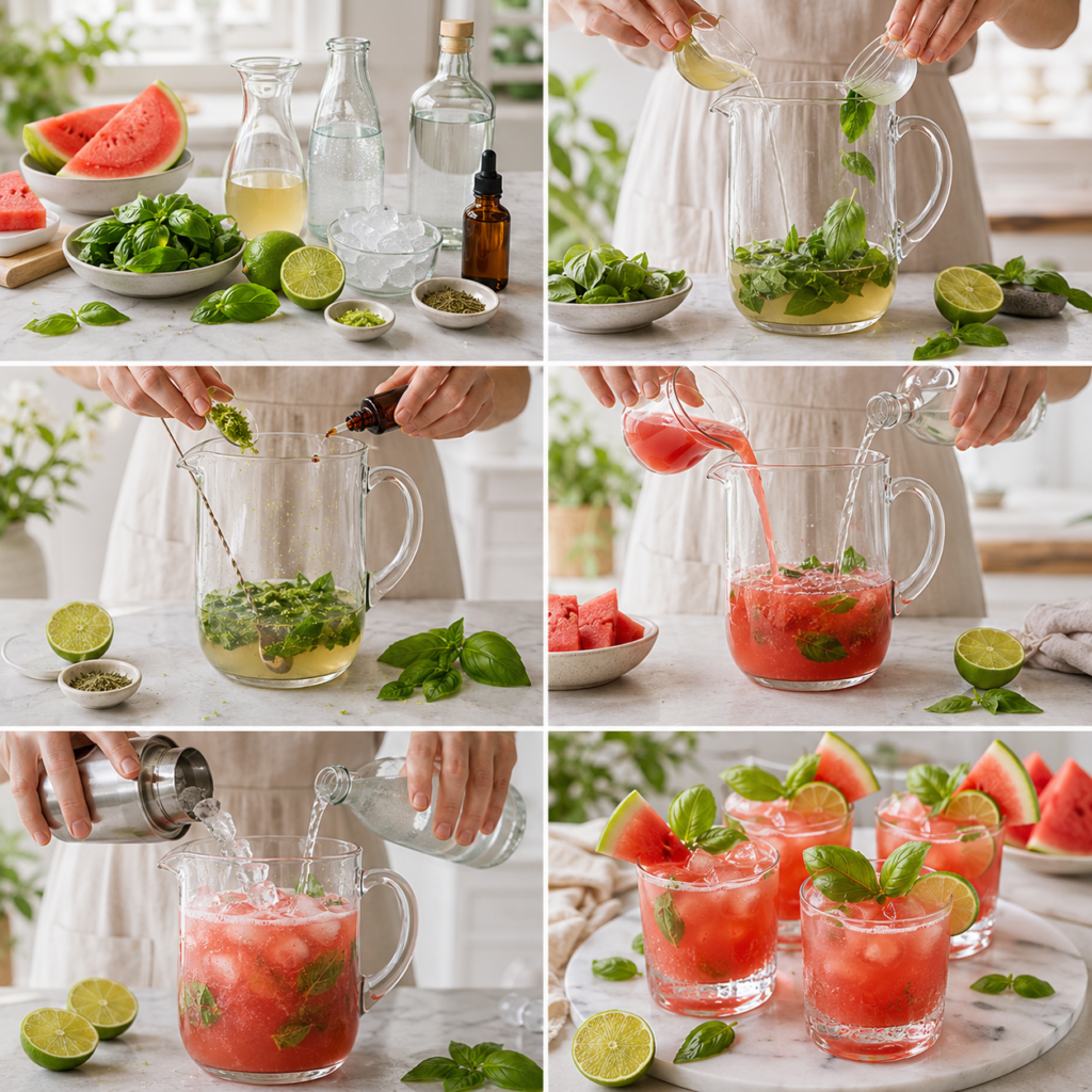 A polished metal cocktail shaker prominently placed in the foreground, reflecting the soft, warm glow of natural light streaming through a nearby window. The shaker is surrounded by fresh ingredients for a watermelon basil mojito: vibrant green basil leaves, chunks of juicy watermelon, and a halved lime, arranged artfully on a rustic wooden kitchen table. In the background, subtle hints of a well-organized kitchen can be seen, with shelves lined with glassware and jars filled with colorful spices. The atmosphere is cozy and inviting, evoking a sense of home and culinary creativity, perfect for preparing a refreshing cocktail. The image is shot from a slightly elevated angle, drawing attention to the cocktail shaker and its surrounding ingredients. Mojito Pastèque et Basilic