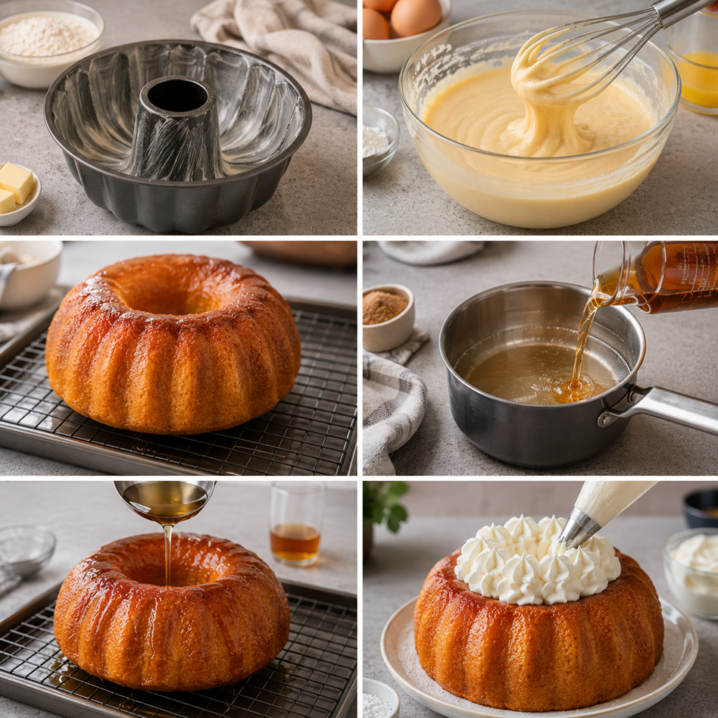 A cozy homemade cooking scene featuring a savarin mold and a sleek stand mixer in a rustic kitchen. In the foreground, the savarin mold gleams, its intricate design highlighted by warm, soft lighting. A shiny silver stand mixer stands beside it, adorned with ingredients like eggs, flour, and sugar artistically scattered around. In the middle ground, a wooden kitchen table is set with a basket of fresh oranges and a bowl of rum, while the background reveals wooden cabinets filled with cooking utensils and jars. The atmosphere is warm and inviting, evoking a sense of homemade comfort and culinary creativity, with natural light streaming in through a window, casting gentle shadows. Baba au Rhum Moelleux