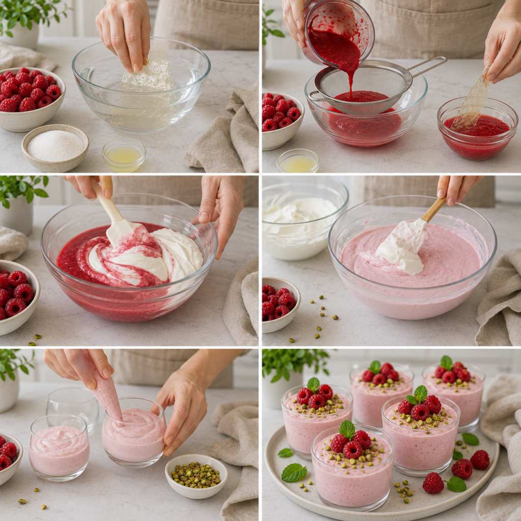 A close-up view of a beautifully plated Mousse aux Framboises, served in elegant glass cups, showcasing its creamy, light texture and vibrant raspberry color. The dessert is artfully garnished with fresh raspberries and a sprig of mint on top, highlighting its freshness. In the foreground, a rustic wooden kitchen table is adorned with a white linen napkin and a small bowl of plump, ripe raspberries, suggesting the ingredients used in the recipe. Soft, natural daylight streams through a nearby window, casting a warm glow over the scene, creating a cozy and inviting atmosphere. In the background, subtle hints of a rustic kitchen can be seen, such as a vintage whisk and measuring cups, emphasizing the homemade aspect of the dish. The image should evoke feelings of warmth and comfort, perfect for a simple and quick recipe. Mousse aux Framboises