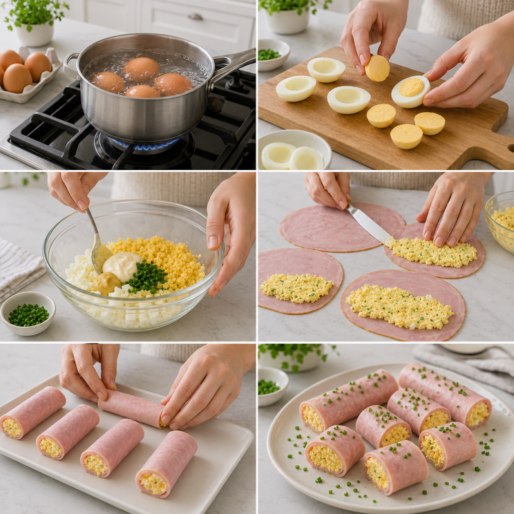 A cozy homemade cooking scene featuring a shiny stainless steel casserole dish at the center, surrounded by fresh ingredients for ham rolls: slices of ham, boiled eggs, mayonnaise, and fresh herbs like parsley. The foreground includes a wooden chopping board with minced eggs and herbs, while the middle features the casserole filled with prepared ham rolls. In the background, a rustic kitchen setting with warm, soft lighting creates an inviting atmosphere, highlighted by wooden shelves and a bowl of fresh ingredients. The angle captures the abundance of ingredients while emphasizing the beautiful textures and colors. The mood is warm and homely, perfect for illustrating a cooking preparation scene. Roulés de Jambon aux Œufs Mimosa
