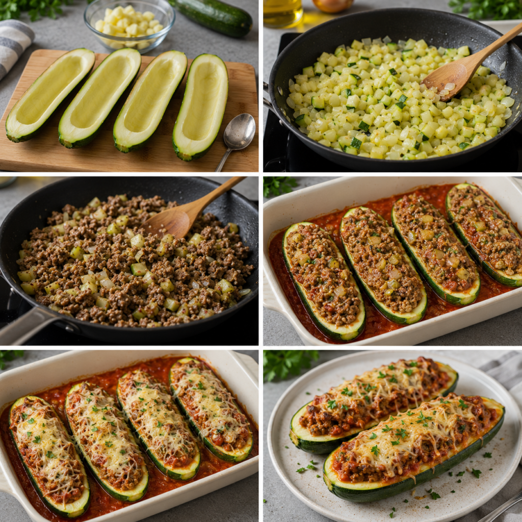 A cozy, rustic kitchen table set for a cooking scene, showcasing fresh ingredients for stuffed zucchini. In the foreground, vibrant green courgettes, finely chopped tomatoes, minced garlic, and herbs like basil and parsley are artfully arranged on a wooden cutting board. A bowl of fluffy cooked rice and crumbled cheese sit nearby, ready for mixing. In the middle, a wooden spoon and a knife rest, alongside a quaint ceramic dish ready to hold the prepared courgettes. The background features warm, soft lighting filtering through a window, casting gentle shadows. The overall atmosphere is inviting and homey, capturing the essence of an easy, quick cooking experience for stuffed zucchini. Courgettes Farcies