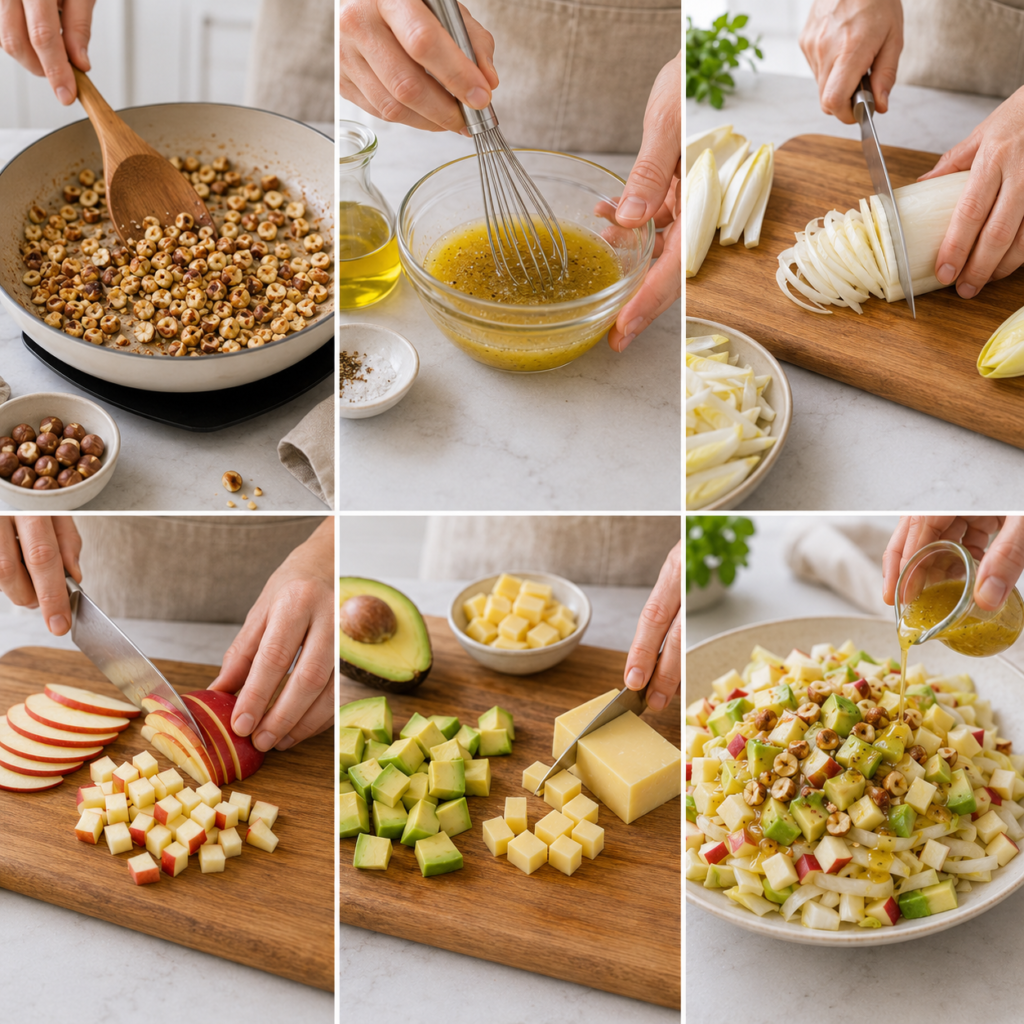 A cozy homemade cooking scene featuring a vibrant "Salade Endives Avocat et Comté" beautifully arranged on a rustic wooden kitchen table. The salad showcases crisp, fresh endive leaves, ripe avocado slices, and cubes of Comté cheese, artfully drizzled with a light vinaigrette. The background includes soft, warm lighting that highlights the natural colors of the ingredients, creating an inviting atmosphere. Add a few fresh herbs, like parsley or chives, scattered around the plate for a touch of color. The angle captures the salad from a slightly elevated perspective, inviting viewers to admire its freshness. A hint of rustic kitchen accessories, such as a wooden cutting board and a knife, subtly complement the scene without distracting from the main dish. The overall mood is warm, appetizing, and homely, perfect for showcasing this delicious recipe. Salade Endives Avocat et Comté