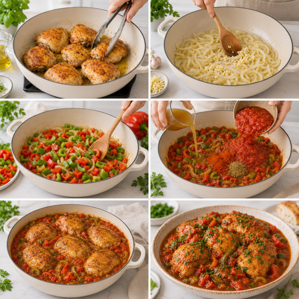 A cozy homemade cooking scene of "Poulet à la Catalane" on a rustic wooden kitchen table. In the foreground, a beautifully plated dish of chicken cooked with bell peppers, tomatoes, and olives, garnished with fresh herbs. Surrounding the dish, colorful ingredients like ripe tomatoes, red and green bell peppers, garlic, and fresh herbs spill out of woven baskets. In the middle ground, a cast iron skillet sits on a vintage stove, with a wooden spoon resting nearby. The background features warm, soft lighting streaming through a window, illuminating the kitchen's warm tones and inviting atmosphere. The scene conveys a sense of comfort and family tradition, perfect for sharing a homemade meal. A shallow depth of field focuses on the dish while gently blurring the background. Poulet à la Catalane
