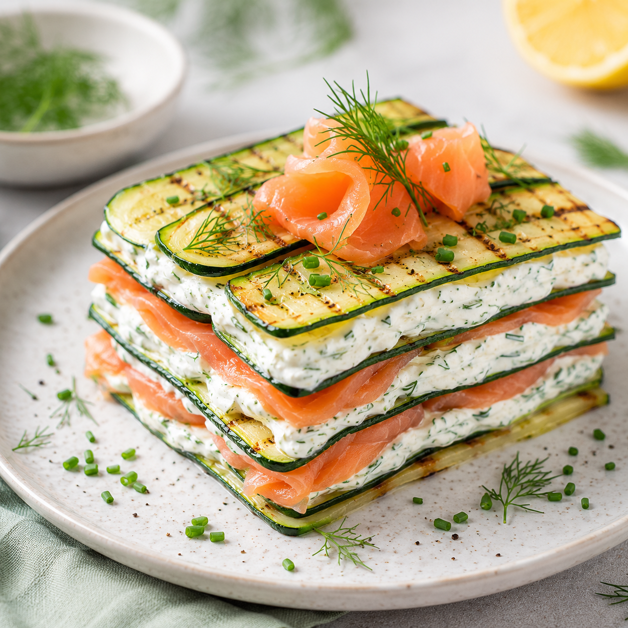 Millefeuille de Courgette au Skyr et Saumon