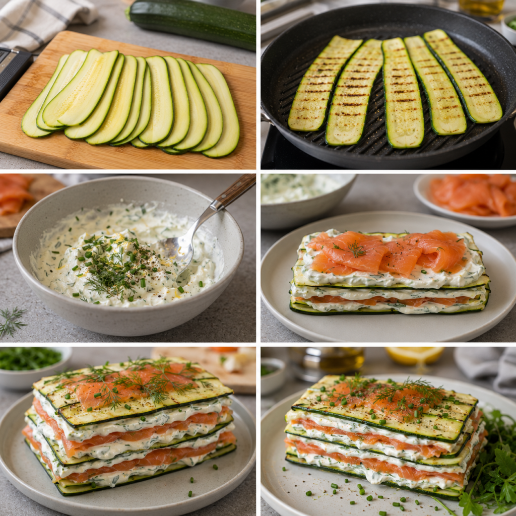 A cozy homemade cooking scene featuring a beautifully plated Millefeuille de Courgette au Skyr et Saumon, arranged on a rustic wooden kitchen table. The dish consists of thinly sliced zucchini layered with creamy Skyr and delicate smoked salmon, garnished with fresh herbs and a squeeze of lemon. In the foreground, a charming wooden cutting board holds fresh vegetables, a knife, and a bowl of Skyr. In the middle, warm, natural lighting highlights the vibrant colors of the ingredients, creating an inviting atmosphere. In the background, softly blurred kitchen utensils and a window with soft curtains let in gentle sunlight, enhancing the homey feel of the environment. The scene evokes a sense of comfort, creativity, and deliciousness, enticing viewers to explore the recipe. Millefeuille de Courgette au Skyr et Saumon