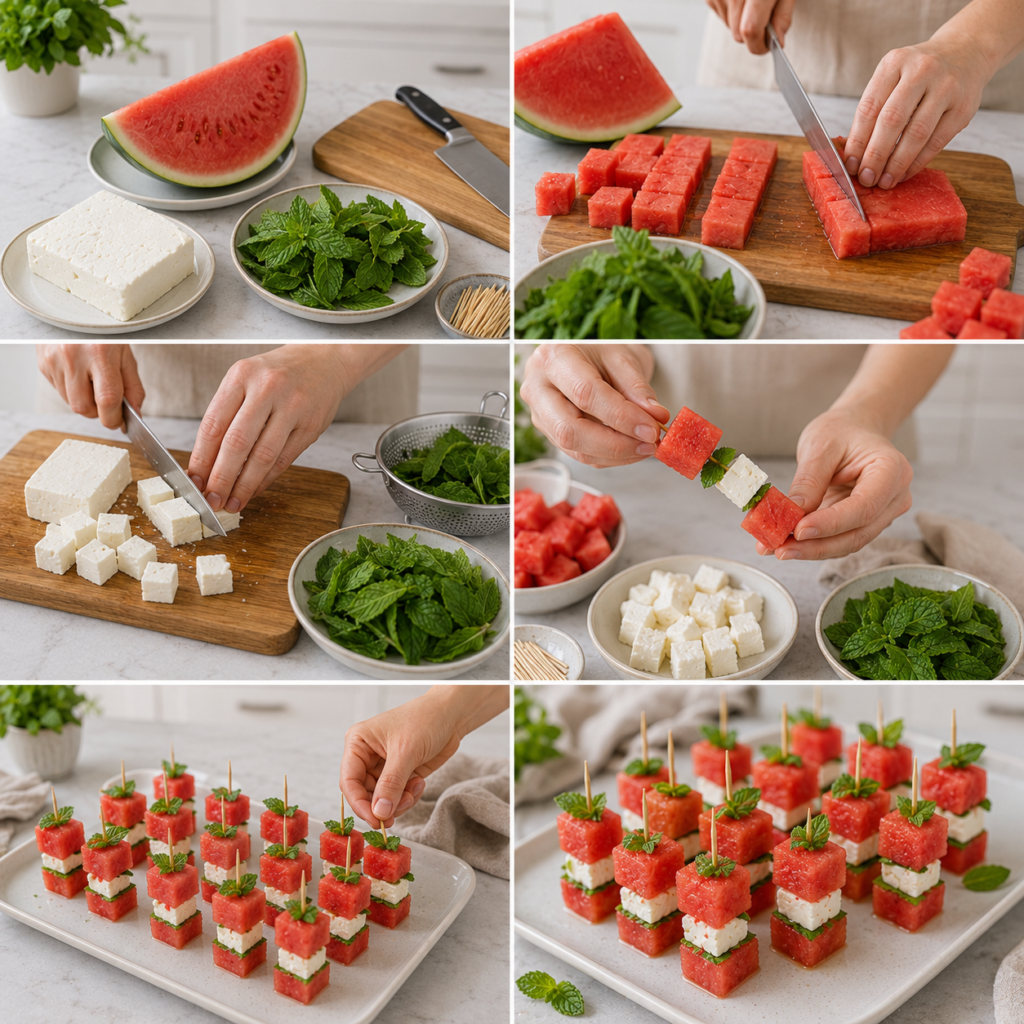 A cozy homemade cooking scene featuring vibrant watermelon and feta cheese skewers with fresh mint leaves displayed on a rustic wooden kitchen table. The foreground showcases beautifully arranged brochettes, glistening with a drizzle of olive oil, surrounded by fresh mint sprigs. In the middle ground, a light, textured linen tablecloth complements the colors of the ingredients. In the background, soft natural light filters through a window, casting a warm glow over the space, enhancing the inviting atmosphere. The angle is slightly elevated to capture the details of the skewers, with a shallow depth of field focusing on the brochettes while softly blurring the background. Overall, the image evokes a fresh, elegant vibe perfect for summer gatherings. Brochettes Pastèque Fêta et Menthe
