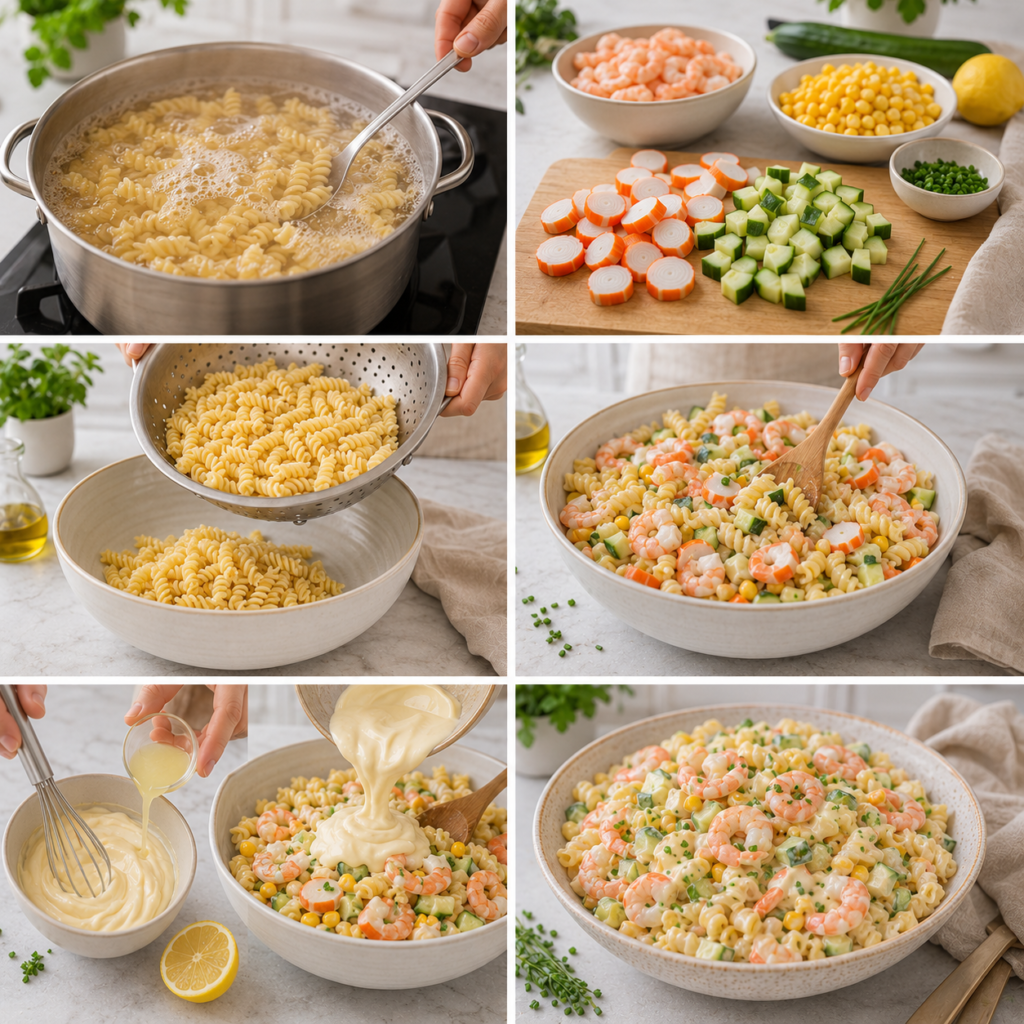 A cozy homemade cooking scene featuring a vibrant "Salade de Pâtes Océane" elegantly presented on a rustic wooden kitchen table. In the foreground, the salad is filled with colorful pasta spirals, fresh cherry tomatoes, crisp cucumbers, and tender seafood such as shrimp and calamari, garnished with vibrant herbs. The middle section reveals a rustic bowl of creamy dressing beside a serving spoon. In the background, bright sunlight streams through a nearby window, creating a warm, inviting atmosphere. A hint of kitchen utensils and a potted herb plant can be seen, enhancing the domestic feel. The mood is cheerful and summery, perfect for a light meal. The image is captured from an overhead angle, highlighting the salad's textures and colors. Salade de Pâtes Océane