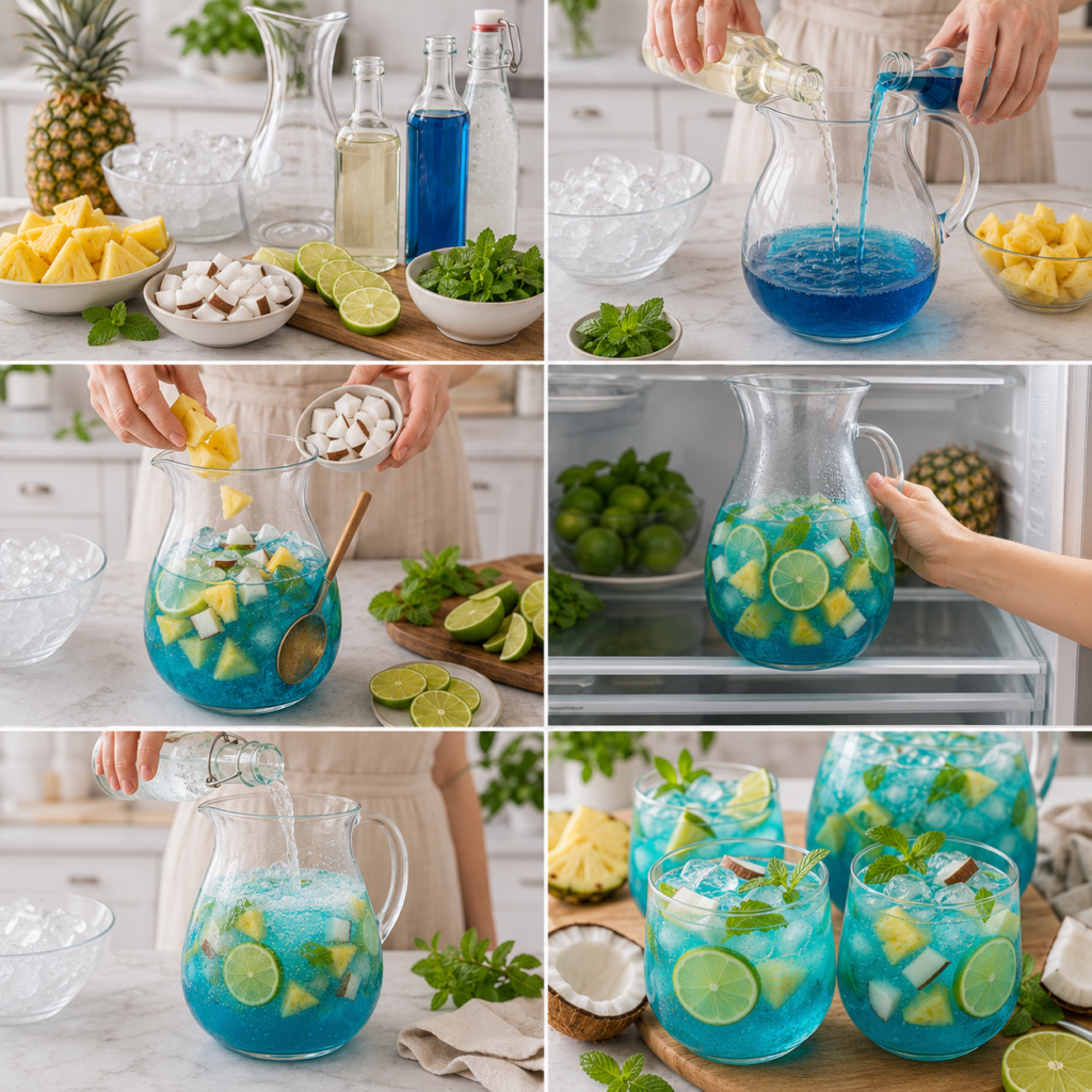 A cozy rustic kitchen scene showcasing the preparation of ingredients for a Bleu Lagon cocktail. In the foreground, a wooden table is adorned with vibrant blue curaçao, fresh pineapple chunks, and slices of lime, interspersed with ice cubes. A cocktail shaker sits nearby, gleaming in soft morning light. The middle ground features a beautiful glass filled with a layered blue drink, garnished with a pineapple wedge and a cherry. In the background, warm wooden shelves display tropical fruits and glassware, with soft-focus greenery peeking through a window. The atmosphere is inviting and cheerful, with bright, natural lighting creating a sense of anticipation and creativity in cocktail making. The angle captures the essence of a casual yet elegant preparation process. Bleu Lagon