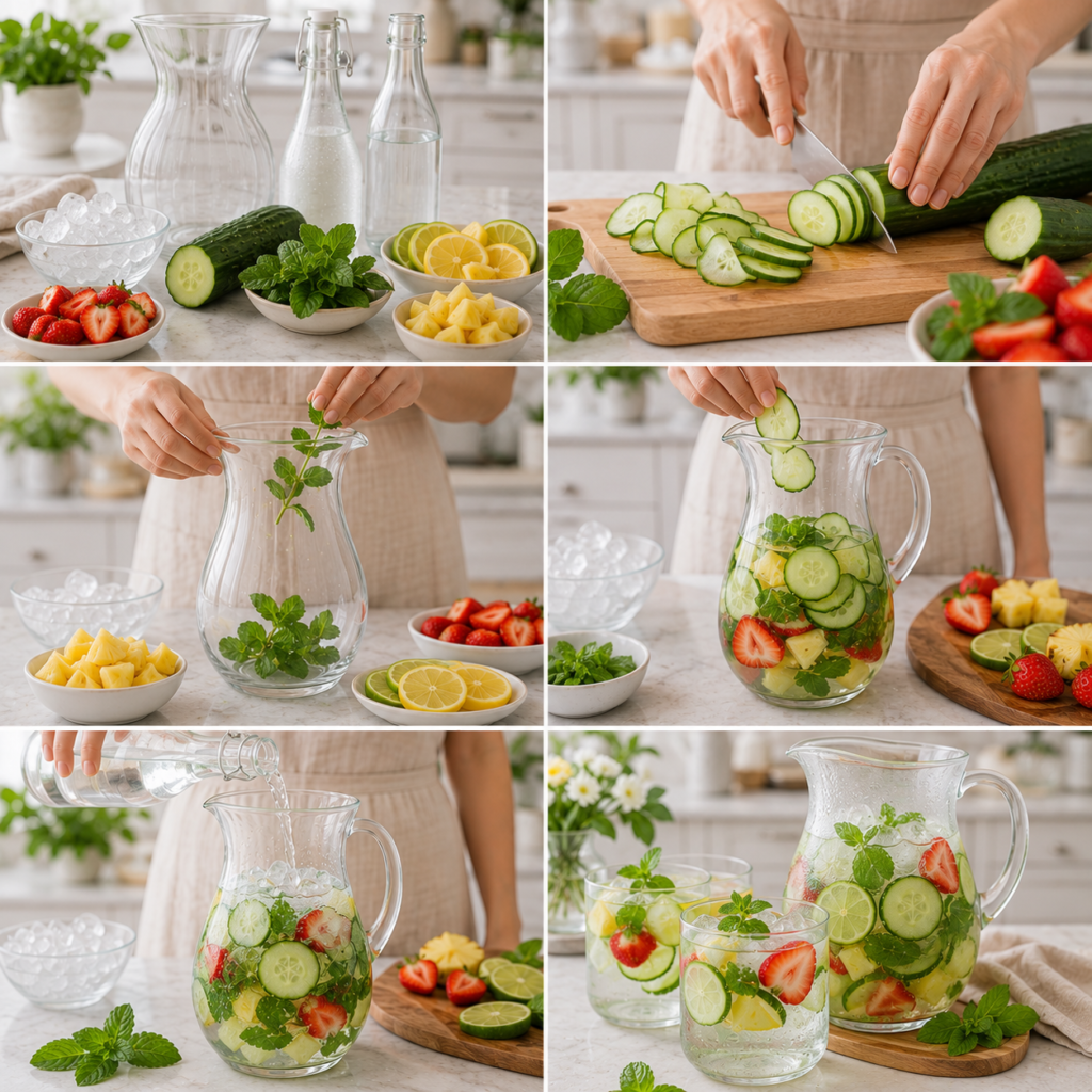 A cozy rustic kitchen scene featuring a refreshing homemade drink, "Eau de Concombre et Fruits Glacés," displayed on a wooden table. In the foreground, a crystal-clear glass filled with vibrant cucumber slices and colorful frozen fruits, garnished with a sprig of mint. The light filters through a nearby window, casting soft, warm highlights across the scene, emphasizing the freshness of the ingredients. In the middle, a cutting board with chopped cucumbers and scattered berries, suggesting a step-by-step preparation process. In the background, shelves lined with glass jars of ingredients and kitchen tools create a homely atmosphere. The overall mood is inviting and refreshing, evoking the essence of a perfect summer beverage. Eau de Concombre et Fruits Glacés