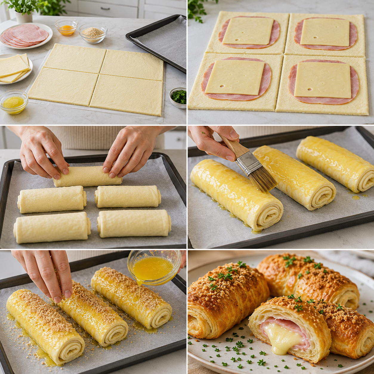 A cozy homemade cooking scene showcasing a plate of golden-brown "Roulés feuilletés cordon bleu" arranged beautifully on a rustic wooden kitchen table. The rolls are flaky and crisp, with visible layers and a generous filling of ham and melted cheese, lightly garnished with fresh herbs. In the background, soft, warm lighting filters through a nearby window, creating an inviting atmosphere. The kitchen features traditional utensils and ingredients, adding a touch of authenticity. A selection of fresh vegetables and a small bowl of dipping sauce complement the dish. The scene exudes a sense of warmth and comfort, perfect for encouraging home cooking. Roulés feuilletés cordon bleu
