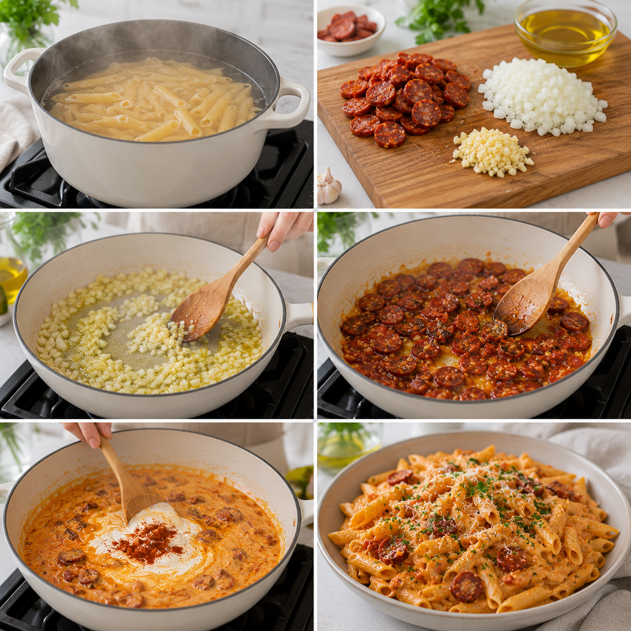 A cozy kitchen setting showcases a non-stick sauté pan on an induction cooktop, filled with creamy chorizo pasta. The sauté pan emits gentle steam, highlighting the rich textures of the pasta intermingled with savory chorizo pieces. Surrounding the cooktop, fresh ingredients like sliced chorizo, garlic, and herbs are artfully arranged on a rustic wooden table. Soft, warm lighting creates an inviting atmosphere, enhancing the golden hues of the pasta while casting subtle shadows that add depth. The focus sharpens on the sauté pan in the foreground, with blurred out ingredients in the mid-ground, emphasizing the dish being prepared. A hint of greenery and kitchen utensils add to the home-cooked feel, evoking comfort and culinary creativity. Pâtes Crémeuses au Chorizo