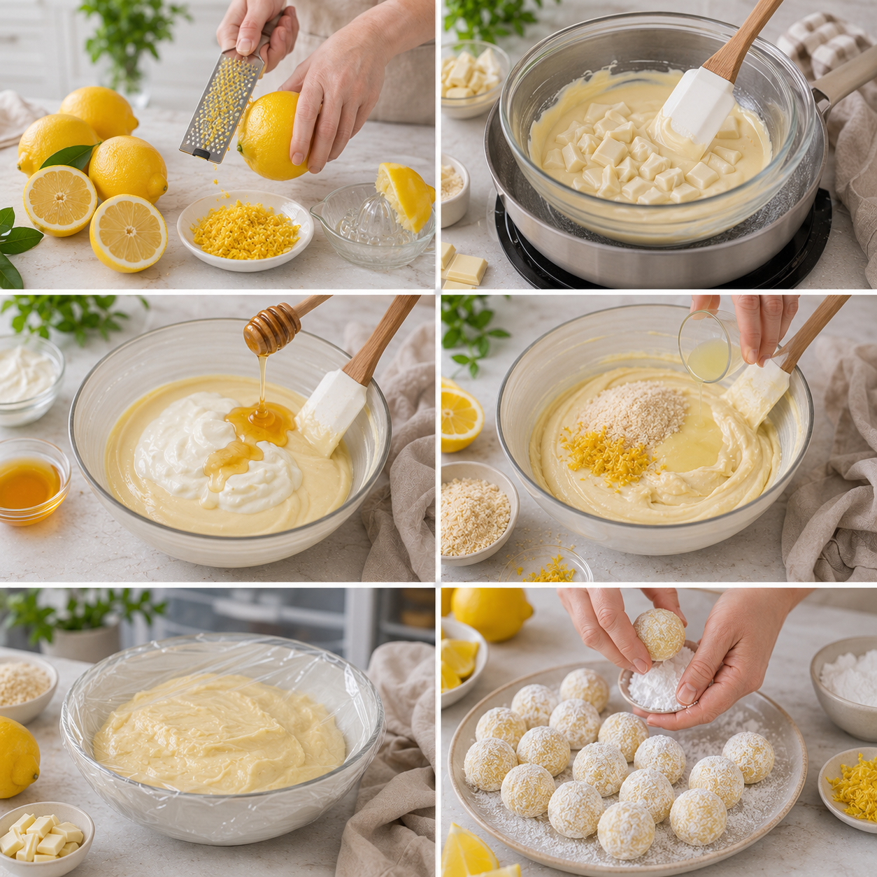 A cozy homemade cooking scene showcasing "Truffes au Citron Légères" on a rustic wooden kitchen table. In the foreground, a delicate plate filled with smooth, yellow lemon truffles dusted with powdered sugar, gleaming under soft natural light. Surrounding the plate, ingredients such as fresh lemons, zest, and a scattering of coconut flakes create an inviting atmosphere. In the middle ground, a small glass bowl of melted white chocolate and a wooden spoon sit ready for use. The background features warm kitchen elements, like hanging herbs and a softly lit window that casts a gentle glow, enhancing the fresh, light mood. Use a shallow depth of field to focus on the truffles while softly blurring the background. The overall vibe is inviting, homely, and perfect for inspiring readers. Truffes au Citron Légères