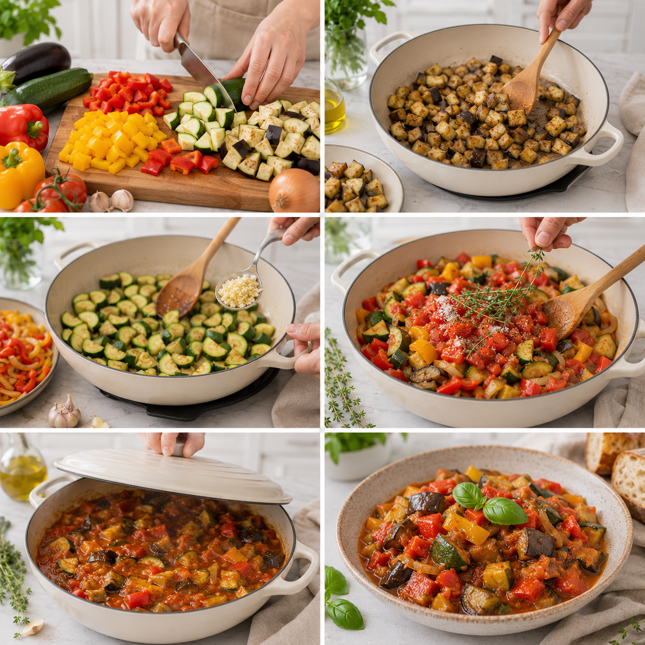 A cozy kitchen scene featuring a non-stick sauté pan and a cast-iron Dutch oven prominently displayed on a rustic wooden table. The sauté pan contains colorful chopped vegetables like bell peppers, zucchini, and eggplant, gleaming with olive oil, while the Dutch oven shows a delicious ratatouille simmering, with vibrant colors and aromatic herbs. Natural light streams in from a nearby window, casting soft shadows and creating a warm, inviting atmosphere. The background includes fresh herbs in small pots, a wooden cutting board with a knife, and spices in decorative jars, enhancing the culinary vibe. The composition should evoke a sense of comfort and homeliness, perfect for preparing a delightful Provençal dish. Ratatouille Provençale Savoureuse
