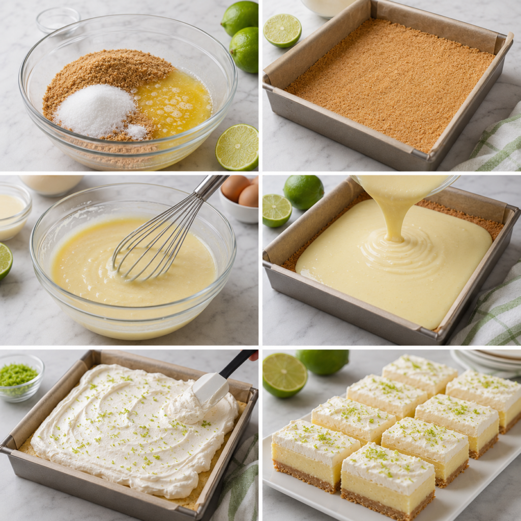 A cozy homemade cooking scene in a rustic kitchen, showcasing a square baking pan filled with key lime pie mixture, placed on a parchment paper. The pan rests on a cooling rack, with a soft-focus background of wooden kitchen shelves adorned with fresh limes and cooking utensils. Warm, natural lighting streams in through a nearby window, casting gentle shadows and highlights on the scene. The atmosphere is inviting and homey, emphasizing a sense of comfort and creativity in baking. The foreground highlights the textural details of the parchment paper and the smooth filling, while the surrounding elements suggest a vibrant cooking environment, filled with the colors and ingredients typical of key lime pie preparation. Barres à la Lime