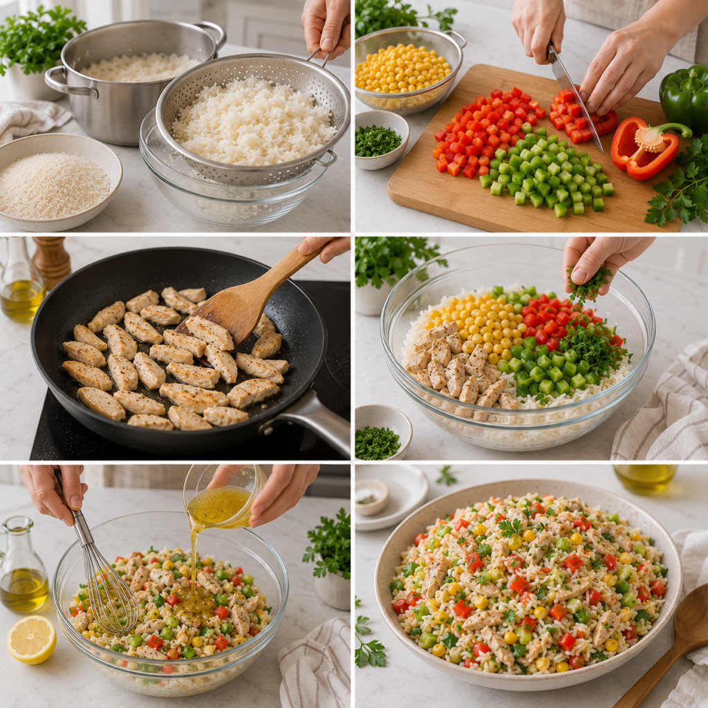 A vibrant and inviting homemade cooking scene featuring a bowl of "Salade de Riz au Poulet et aux Poivrons" placed on a rustic wooden kitchen table. The salad is beautifully arranged, showcasing colorful bell peppers—red, yellow, and green—mixed with succulent pieces of chicken on a bed of fluffy rice. Brightly colored fresh herbs garnish the dish, enhancing its texture and vibrancy. In the background, soft, natural lighting filters through a nearby window, casting a warm glow across the scene. A few cooking utensils and a cutting board with additional ingredients hint at the preparation process. The atmosphere is cozy and inviting, embodying the essence of home cooking. The image is captured from a slightly elevated angle, drawing the viewer's focus to the delicious salad at the forefront. Salade de Riz au Poulet et aux Poivrons