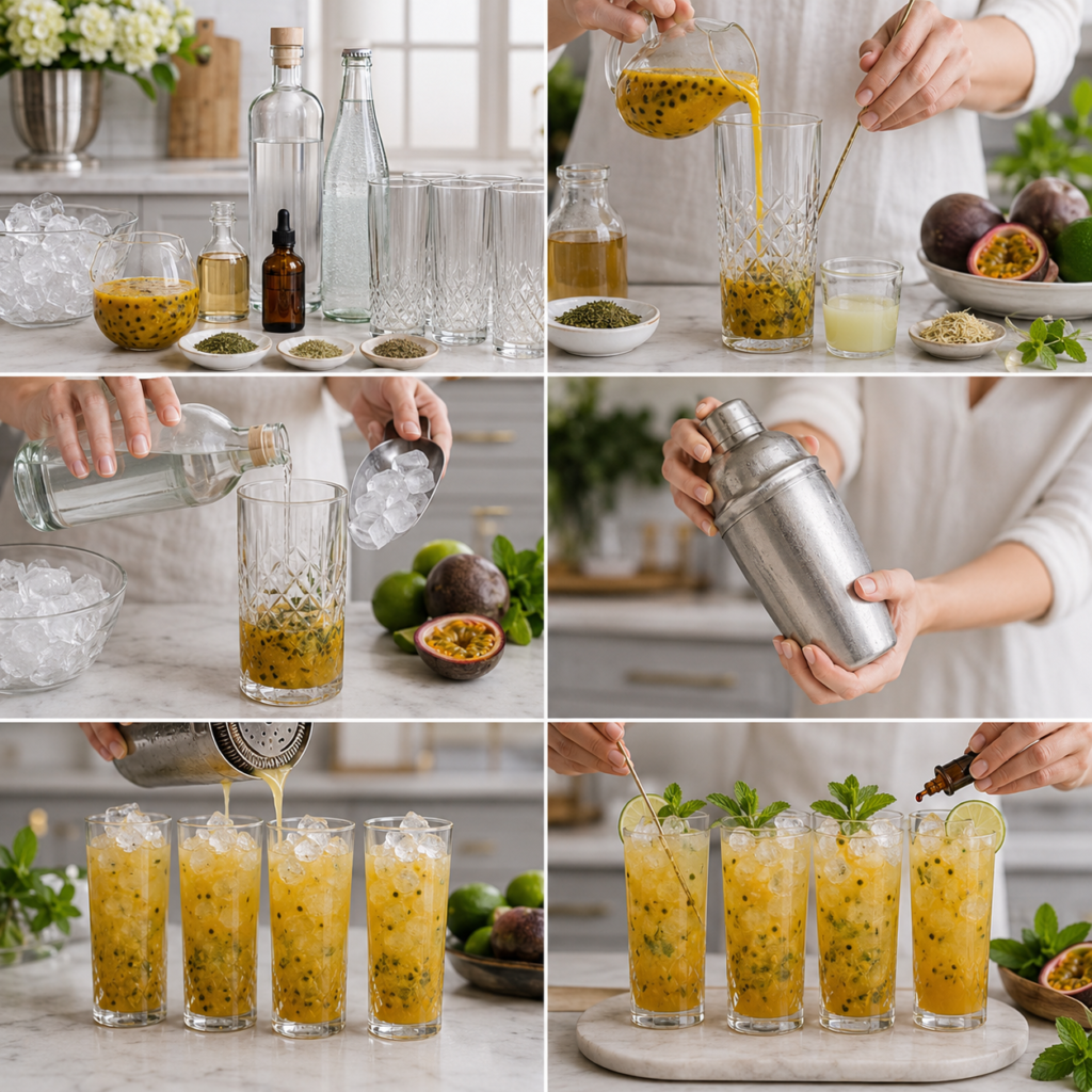 A cozy homemade cooking scene featuring the preparation of a Passion Fruit Mojito. In the foreground, a rustic wooden kitchen table is adorned with fresh ingredients: ripe passion fruits, mint leaves, lime wedges, and sugar. A sturdy wooden muddler rests next to a crystal-clear glass filled with ice. In the middle ground, a bright, inviting cocktail shaker stands alongside a framed recipe card, showcasing the colorful ingredients. Sunlight filters through a nearby window, creating a warm and inviting atmosphere, with soft shadows dancing on the table. In the background, shelves filled with spice jars and a potted mint plant enhance the homely feel, evoking the joy of crafting a refreshing tropical cocktail. The overall mood is vibrant and cheerful, perfect for a warm summer day. Mojito aux Fruits de la Passion