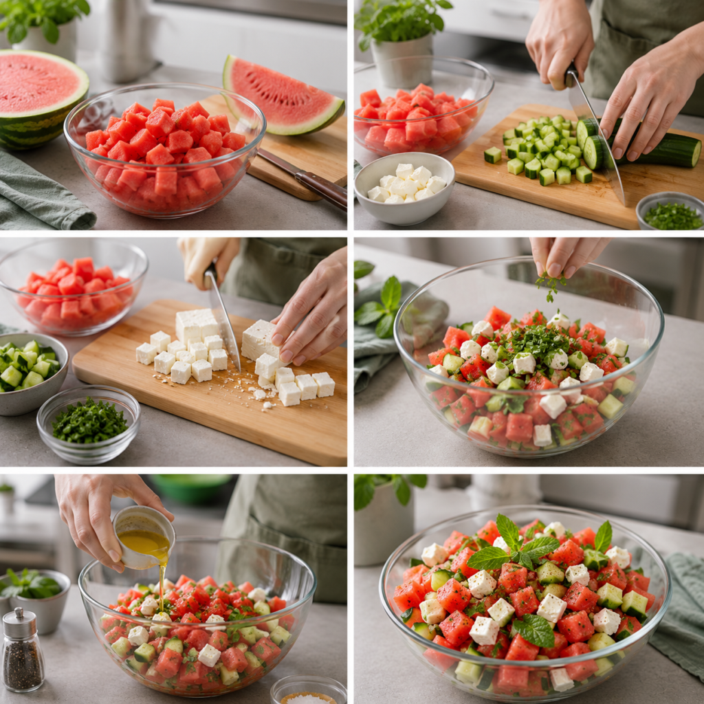 A rustic kitchen table adorned with a vibrant, refreshing "Salade Concombre Pastèque" featuring bright green cucumber slices, juicy pink watermelon cubes, crumbly feta cheese, and fresh mint leaves artfully scattered throughout. The salad is presented in a charming wooden bowl, surrounded by a few sprigs of mint and slices of lemon to enhance the summer vibe. The scene is warmly lit by soft, natural sunlight streaming through a nearby window, casting gentle shadows on the table. The background hints at cozy kitchen elements like wooden utensils and a basket of fresh produce, creating an inviting atmosphere that exudes the essence of a light, summery meal. Capture this moment from a slightly angled perspective, highlighting the salad as the main focus while keeping the surrounding kitchen details softly blurred. Salade Concombre Pastèque