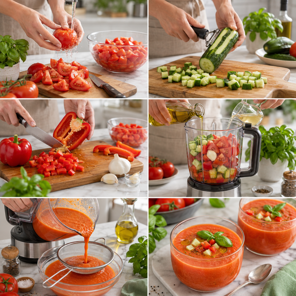 A cozy homemade cooking scene featuring a vibrant bowl of Gaspacho Tomate-Concombre, placed on a rustic wooden kitchen table. The soup is a rich red, dotted with fresh green cucumber chunks and garnished with basil leaves. Surrounding the bowl are colorful fresh ingredients: plump tomatoes, cucumbers, and fragrant herbs, expressing the essence of summer. Soft, natural light filters through a nearby window, casting a warm glow across the table, highlighting the textures of the vegetables and the rustic wooden surface. In the background, a blurred view of cooking utensils and a pitcher of cold water enhances the homey atmosphere, inviting viewers to savor the freshness of this easy and flavorful cold soup. The scene evokes a cheerful, refreshing summer mood. Gaspacho Tomate-Concombre
