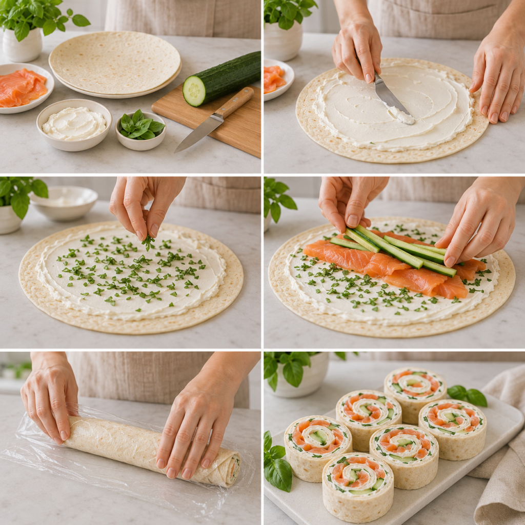A beautiful and inviting kitchen scene featuring a freshly made "Wrap Light au Concombre et au Saumon" displayed on a rustic wooden table. In the foreground, the wrap is cut in half, revealing vibrant layers of cucumber, smoked salmon, and crisp greens, drizzled with a light sauce. Surrounding the wrap, there are fresh ingredients like whole cucumbers, sprigs of dill, and a few slices of lemon indicating freshness. In the middle background, a cozy kitchen environment is visible, with soft, natural light streaming in through a nearby window, illuminating the textured surfaces of the table and the freshness of the ingredients. The mood is warm and homey, perfect for a cooking session, evoking feelings of comfort and healthiness. The image should capture a close-up angle to highlight the details of the wrap and the delightful arrangement of ingredients. Wrap Light au Concombre et au Saumon