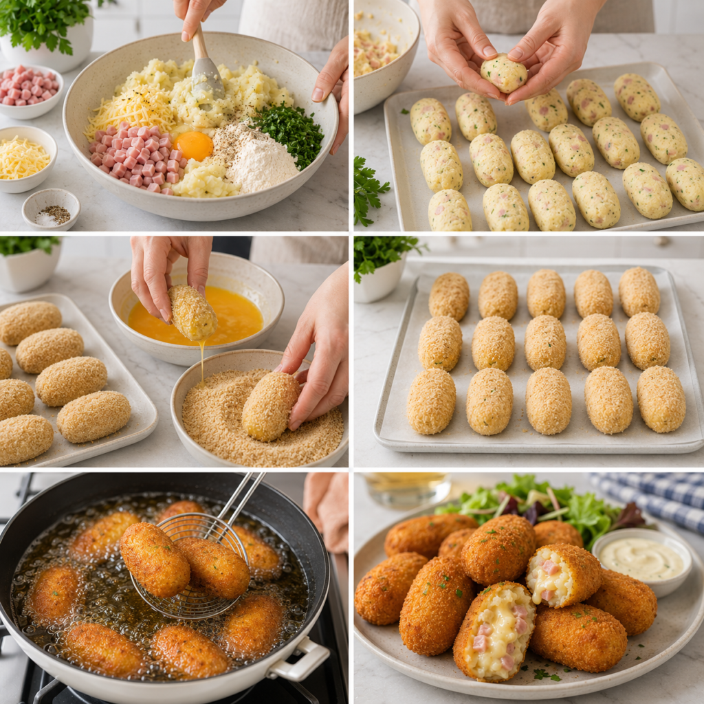 A cozy homemade cooking scene featuring Croquettes de Purée au Jambon et Fromage displayed on a rustic wooden kitchen table. The croquettes are golden brown, crispy on the outside, revealing a melty cheese and ham filling when cut open. Surrounding the dish, fresh herbs and a small bowl of dipping sauce add a touch of color. The background features warm, soft lighting filtering through a nearby window, casting gentle shadows and creating a welcoming atmosphere. A vintage fork and a linen napkin are casually placed alongside the plate, enhancing the rustic charm. The image captures a sense of comfort and home-cooked warmth, inviting viewers to appreciate this delightful dish. Croquettes de Purée au Jambon et Fromage