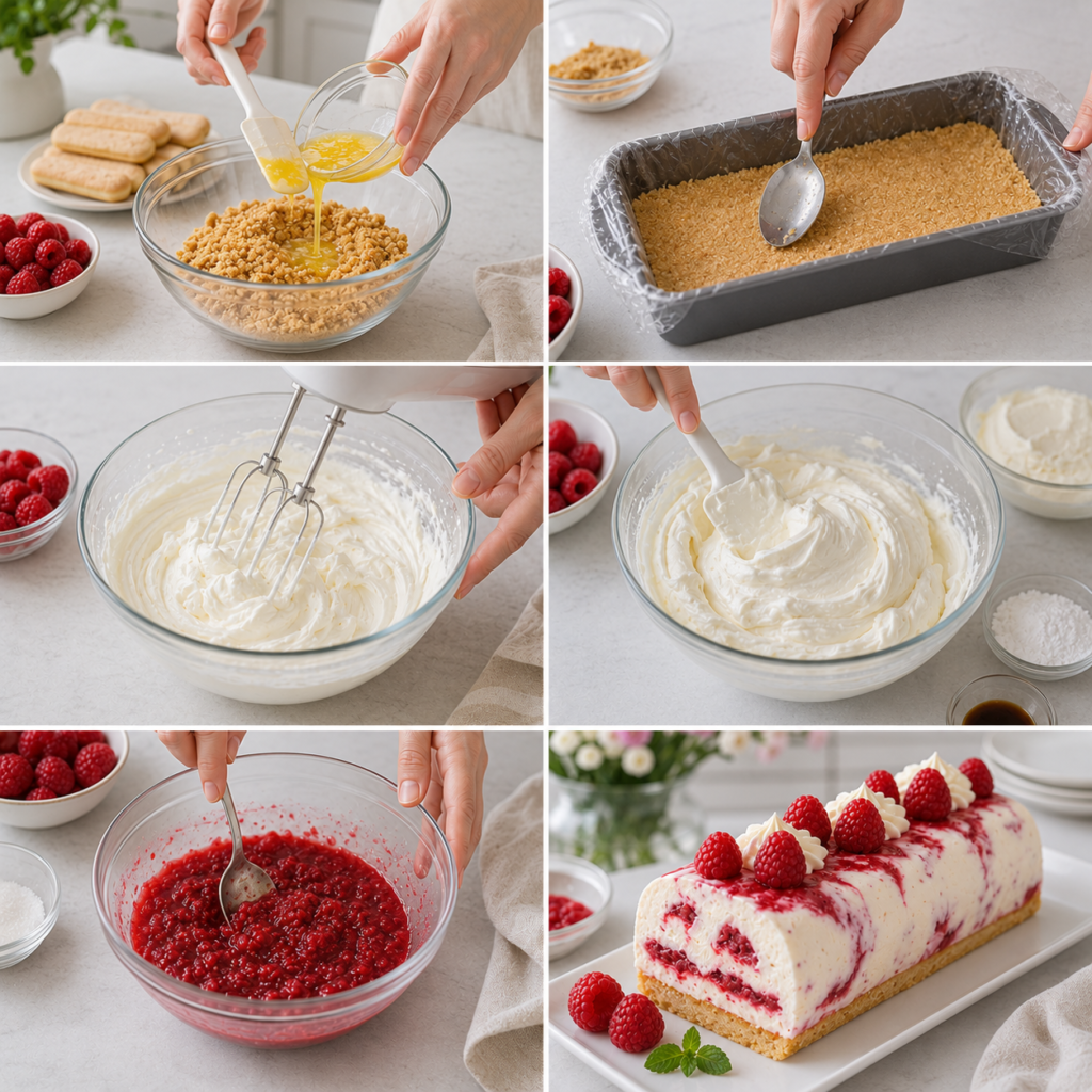 A cozy homemade cooking scene featuring a beautifully crafted "Bûche Mascarpone Framboise Sans Cuisson" placed prominently on a rustic wooden kitchen table. The dessert is elegantly rolled, displaying layers of creamy mascarpone and vibrant raspberry swirls adorned with fresh raspberries and delicate mint leaves on top. Soft, natural lighting illuminates the scene, casting gentle shadows that enhance the textures of the ingredients. In the background, there are subtle hints of kitchen utensils and ingredients, like a bowl of raspberries and a measuring cup, creating a warm and inviting atmosphere. The image captures a sense of freshness and indulgence, ideal for illustrating the preparation and ingredients of this delightful no-bake dessert. Bûche Mascarpone Framboise Sans Cuisson