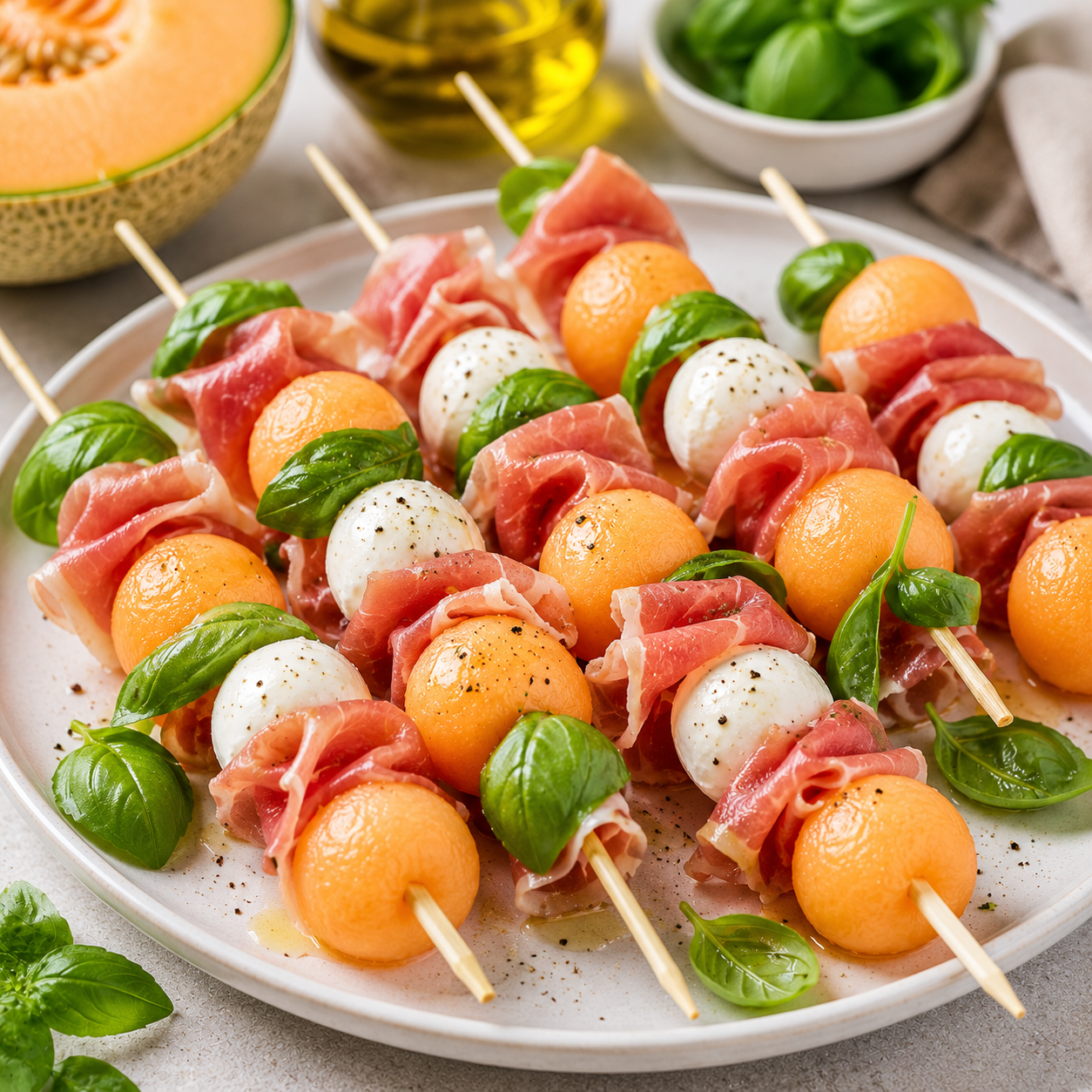 Brochettes Melon Jambon Cru et Mozzarella