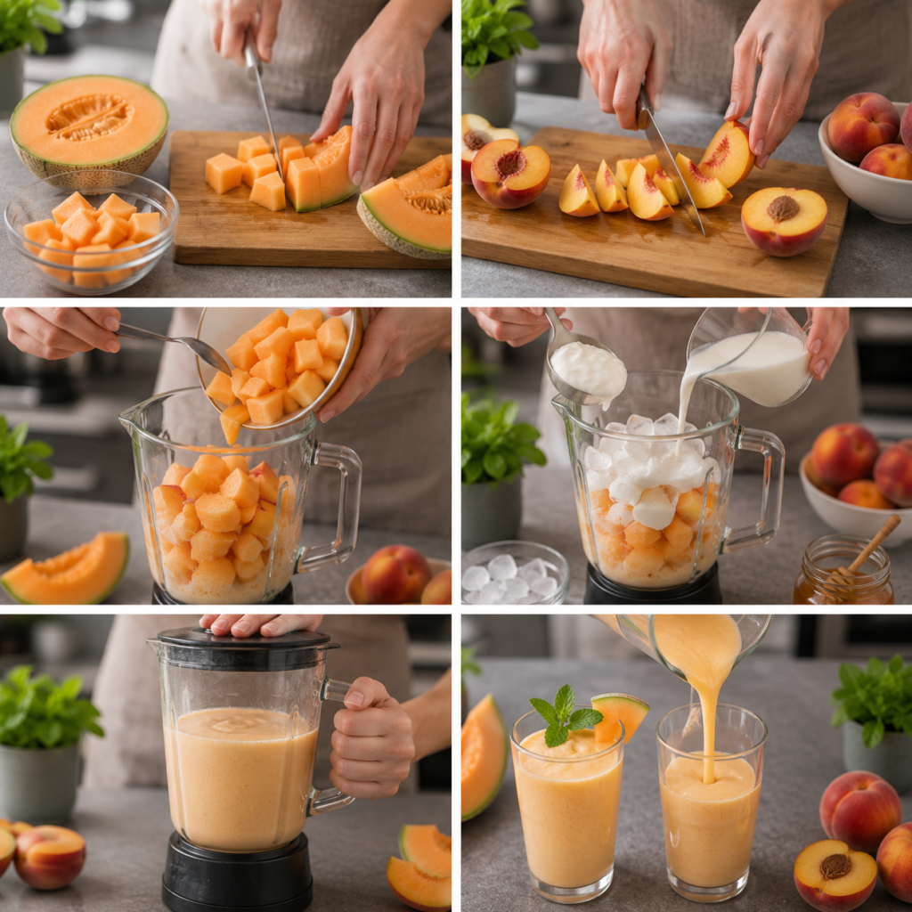 A cozy homemade kitchen scene featuring a vibrant smoothie bowl made from ripe melons and peaches, artistically arranged in a rustic wooden bowl on a weathered kitchen table. The smoothie is topped with fresh mint leaves, granola, and colorful slices of melon and peach, creating an inviting and refreshing appearance. Soft natural light streams through a nearby window, casting gentle highlights and shadows, enhancing the fresh and summery vibe. In the background, jars of fresh fruits and herbs are displayed on open shelves, adding to the inviting atmosphere. The overall mood is warm, cheerful, and perfect for a summer refreshment, inviting viewers to savor the flavors of summer. Smoothie melon pêche