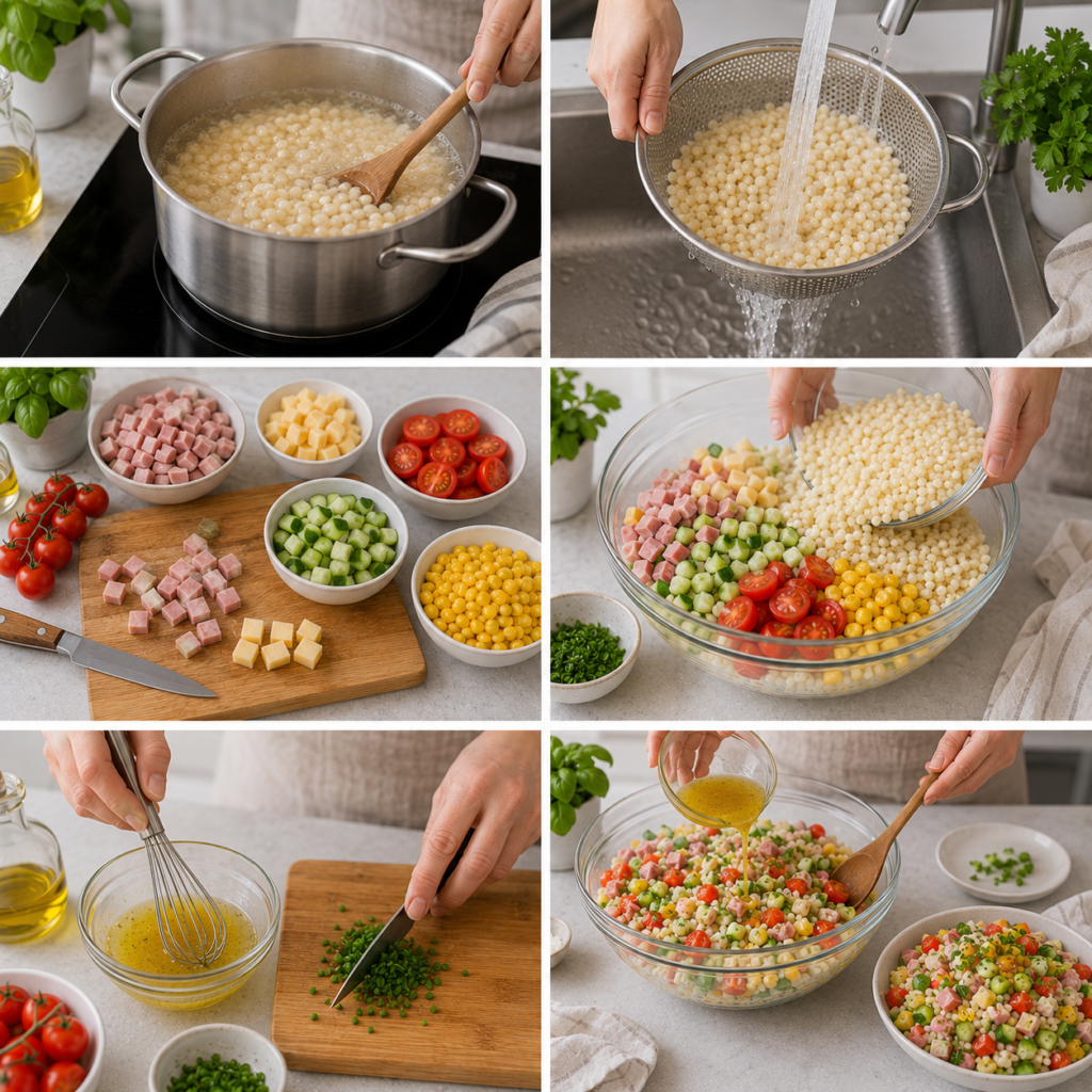 A vibrant and inviting scene of "Salade de Perles" being prepared on a rustic kitchen table. In the foreground, a bowl filled with colorful salad pearls made from couscous or orzo pasta mixed with fresh vegetables like cherry tomatoes, cucumbers, and bell peppers. Surrounding the bowl, neatly chopped herbs such as parsley and basil add a touch of green. In the middle ground, a wooden cutting board showcases sliced ingredients and a vintage knife. Soft, natural light filters through a nearby window, creating a warm, cozy atmosphere. In the background, a few rustic kitchen utensils and a potted herb plant add charm to the setting. The composition reflects a carefree, summery mood, perfect for light, refreshing meals. Salade de Perles