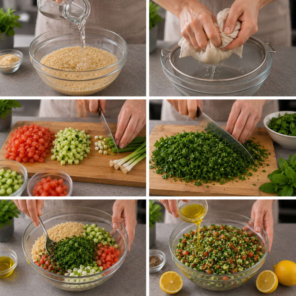 A cozy homemade cooking scene featuring a vibrant, fresh bowl of Lebanese tabbouleh garnished with parsley, tomatoes, and mint leaves, placed on a rustic wooden kitchen table. In the foreground, a wooden salad bowl filled with colorful ingredients, such as finely chopped cucumber, sliced cherry tomatoes, and aromatic herbs. In the middle ground, a backdrop of traditional cooking utensils, like a mortar and pestle, and a vase with fresh herbs, complements the setting. Soft, warm lighting filters through a nearby window, casting gentle shadows and enhancing the inviting atmosphere. The angle is slightly elevated, capturing the textures and vibrant colors of the tabbouleh while maintaining a warm, homey feel. Taboulé Libanais Maison
