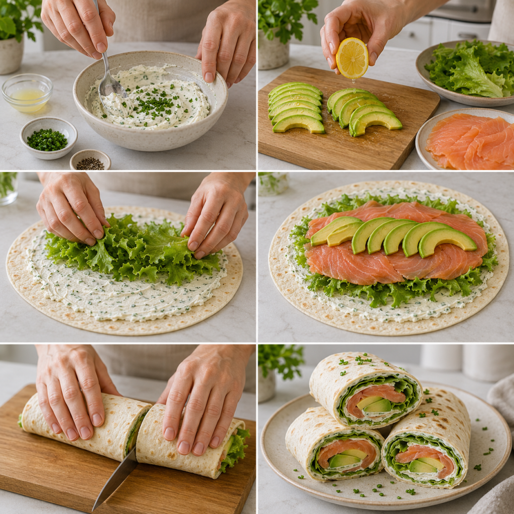 A rustic kitchen table is the centerpiece of a cozy homemade cooking scene, showcasing a freshly made "Wrap au Saumon Fumé Avocat et Fromage Frais." The wrap is elegantly presented, sliced in half to reveal vibrant layers of smoked salmon, creamy fresh cheese, and slices of ripe avocado, all beautifully garnished with fresh herbs. Natural light streams in from a nearby window, casting a warm glow over the ingredients, enhancing their colors and textures. In the background, rustic kitchen elements like wooden cutting boards and fresh ingredients create an inviting atmosphere. The mood is casual and inviting, perfect for a laid-back culinary experience. Capture the scene from a slightly elevated angle to emphasize the wrap's details and make the setting feel homey and appealing. Wrap au Saumon Fumé Avocat et Fromage Frais