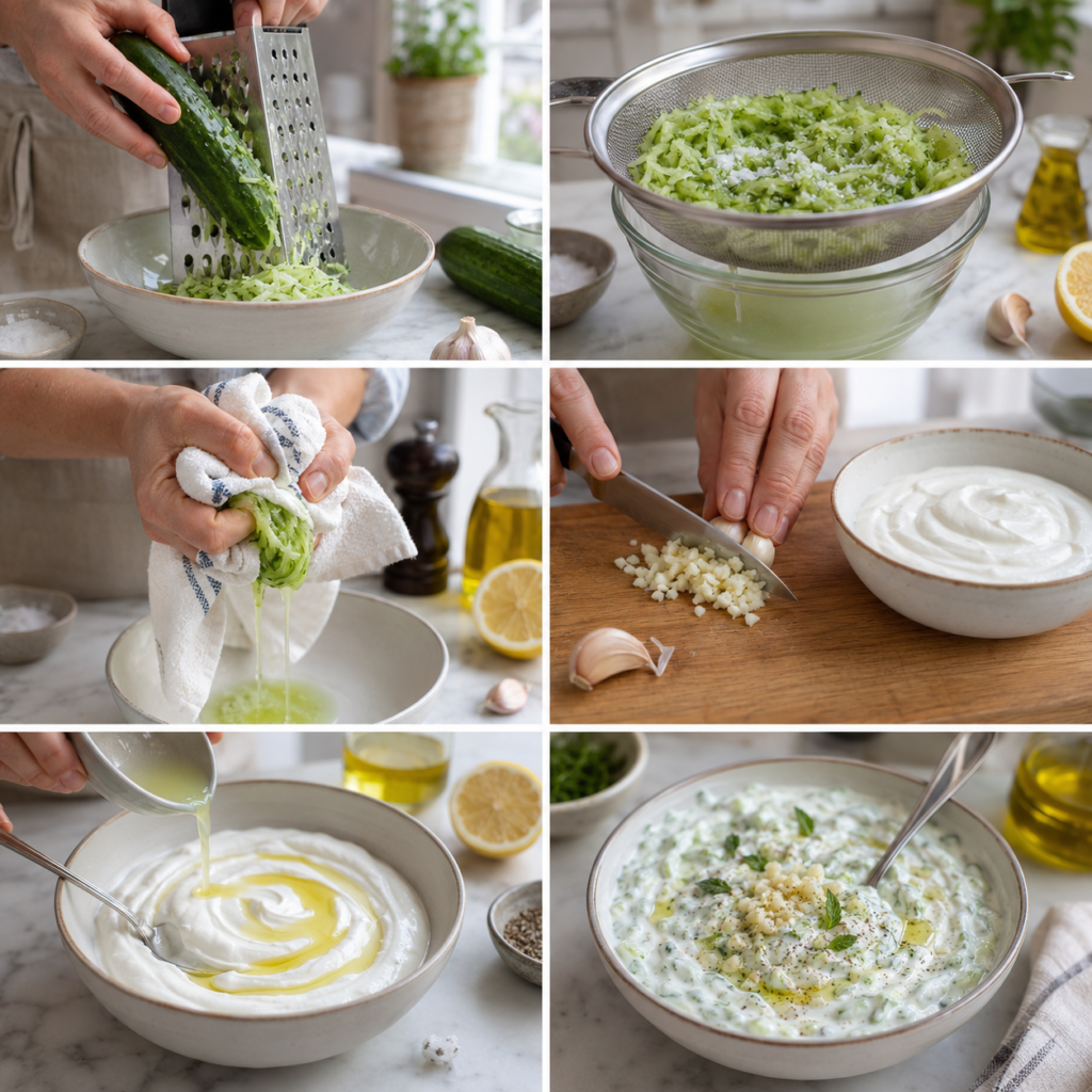 A cozy homemade cooking scene set on a rustic wooden kitchen table. In the foreground, a stainless steel kitchen grater and a fine mesh colander glisten softly under warm, natural light. Beside them, a large, vibrant blue mixing bowl filled with freshly diced cucumbers and minced garlic sits, invitingly. The background features a softly blurred kitchen environment, with hints of herbs and spices peeking from open cabinets. The atmosphere is warm and inviting, evoking the essence of home-cooked meals. The framing provides a close-up view that captures the textures and colors of the ingredients, emphasizing the freshness of the meal preparation. The lighting should be soft and diffused, giving a gentle glow to the scene. Sauce Froide Concombre et Ail