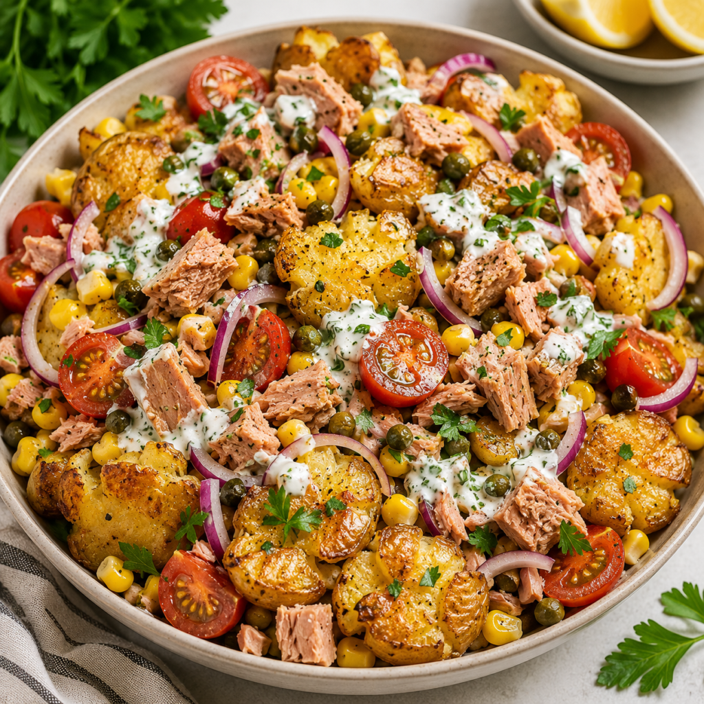 Salade de Pommes de Terre Écrasées Croustillantes au Thon