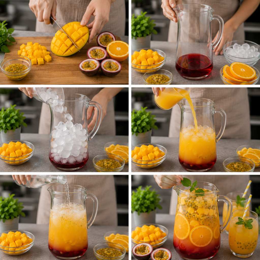 A cozy homemade cooking scene featuring a vibrant "Punch Tropical Sans Alcool" on a rustic wooden kitchen table. In the foreground, a large glass bowl filled with a colorful mix of fresh tropical fruits like pineapple, mango, and oranges, bathed in a warm, inviting sunlight. Nearby, a few elegant glasses filled with the punch, garnished with mint leaves and citrus slices. The middle layer showcases kitchen items such as a chopping board with sliced fruits and a wooden spoon, adding to the homemade feel. In the background, softly blurred kitchen elements like potted plants and hanging string lights create a warm, festive atmosphere. Use natural, soft lighting to enhance the freshness of the ingredients, and capture the scene from a slightly elevated angle for a welcoming view. Punch Tropical Sans Alcool