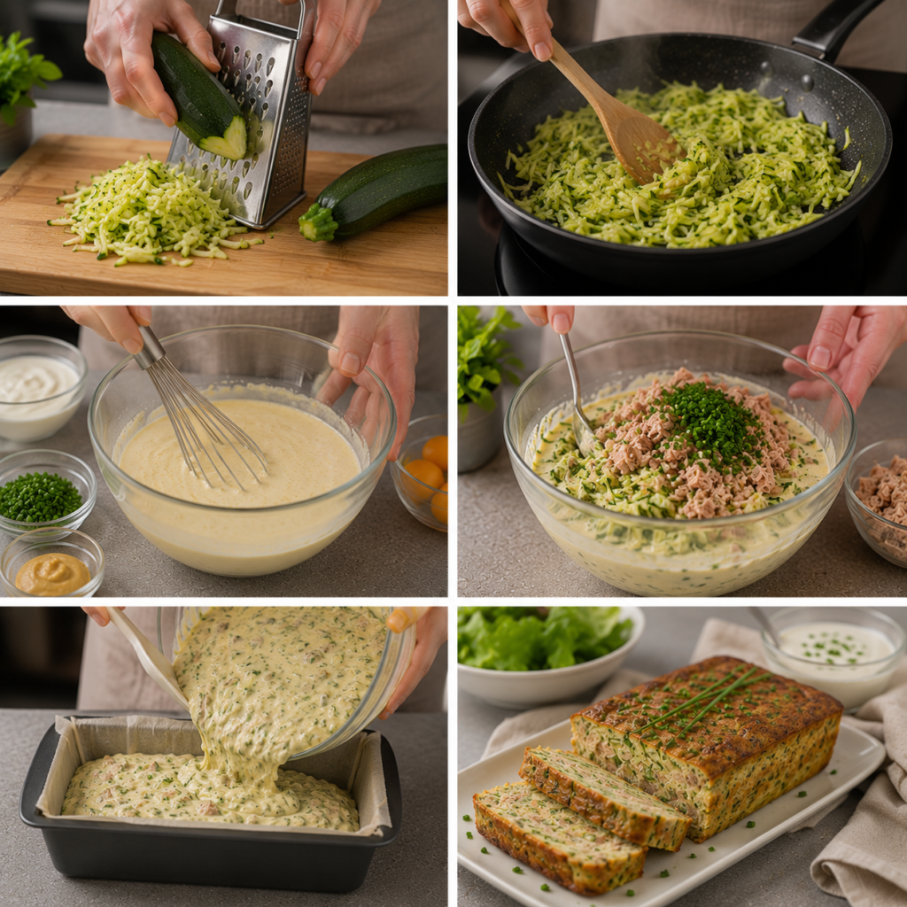 A cozy homemade cooking scene featuring a classic cake mold surrounded by essential ingredients for a fresh tuna and zucchini terrine. In the foreground, the shiny metal cake mold rests on a rustic wooden kitchen table, with fresh zucchini, chunks of tuna, eggs, and herbs artistically arranged around it. In the middle ground, a small bowl of creamy mixture and a wooden spoon are included, hinting at the preparation process. The background features softly blurred kitchen tools and warm light pouring through a nearby window, creating a welcoming atmosphere. The image is shot from a slightly elevated angle, providing a clear view of the arrangement while retaining a warm, inviting feel, suitable for illustrating a culinary article. Terrine Fraîche Thon Courgette