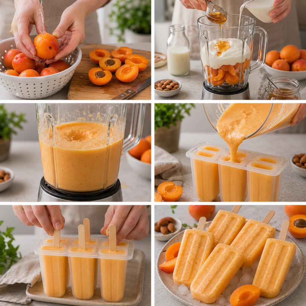 A cozy homemade cooking scene showcasing "Bâtonnets Glacés Abricot et Lait d’Amande" on a rustic kitchen table. In the foreground, focus on three colorful ice pops, their vibrant apricot and almond hues glistening under soft, natural lighting. The pops are arranged atop a wooden cutting board, with fresh apricots and a small bowl of almond milk beside them. In the middle ground, hint at a vintage blender and scattered ingredients like chopped almonds and mint leaves, adding texture and warmth. In the background, suggest a softly blurred kitchen with warm wood tones and sunlit windows, creating a fresh, inviting atmosphere. The overall mood is light, refreshing, and homely, perfect for illustrating a delightful summer treat. Bâtonnets Glacés Abricot et Lait d’Amande
