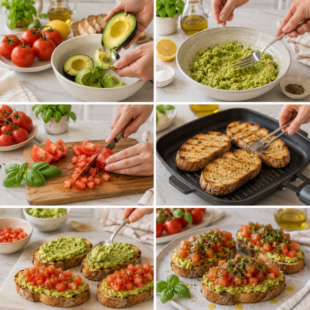 A cozy homemade cooking scene featuring two Tartines Avocat-Tomates artfully arranged on a rustic wooden table. The tartines are topped with creamy avocado slices, fresh ripe tomatoes, and a sprinkle of coarse sea salt, drizzled with olive oil. In the foreground, a knife rests beside an open avocado and a cutting board, hinting at the freshly prepared ingredients. In the middle ground, a few vibrant green basil leaves and a small bowl of cherry tomatoes add color and freshness. The background is softly blurred, showcasing a warm kitchen ambiance with a hint of sunlight streaming in through a window, enhancing the inviting atmosphere. The image invokes a mood of casual elegance, perfect for a light summer meal. Tartines Avocat-Tomates