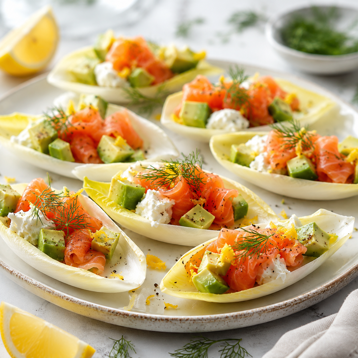 Barquettes d’Endives au Saumon Fumé, Avocat et Fromage Frais