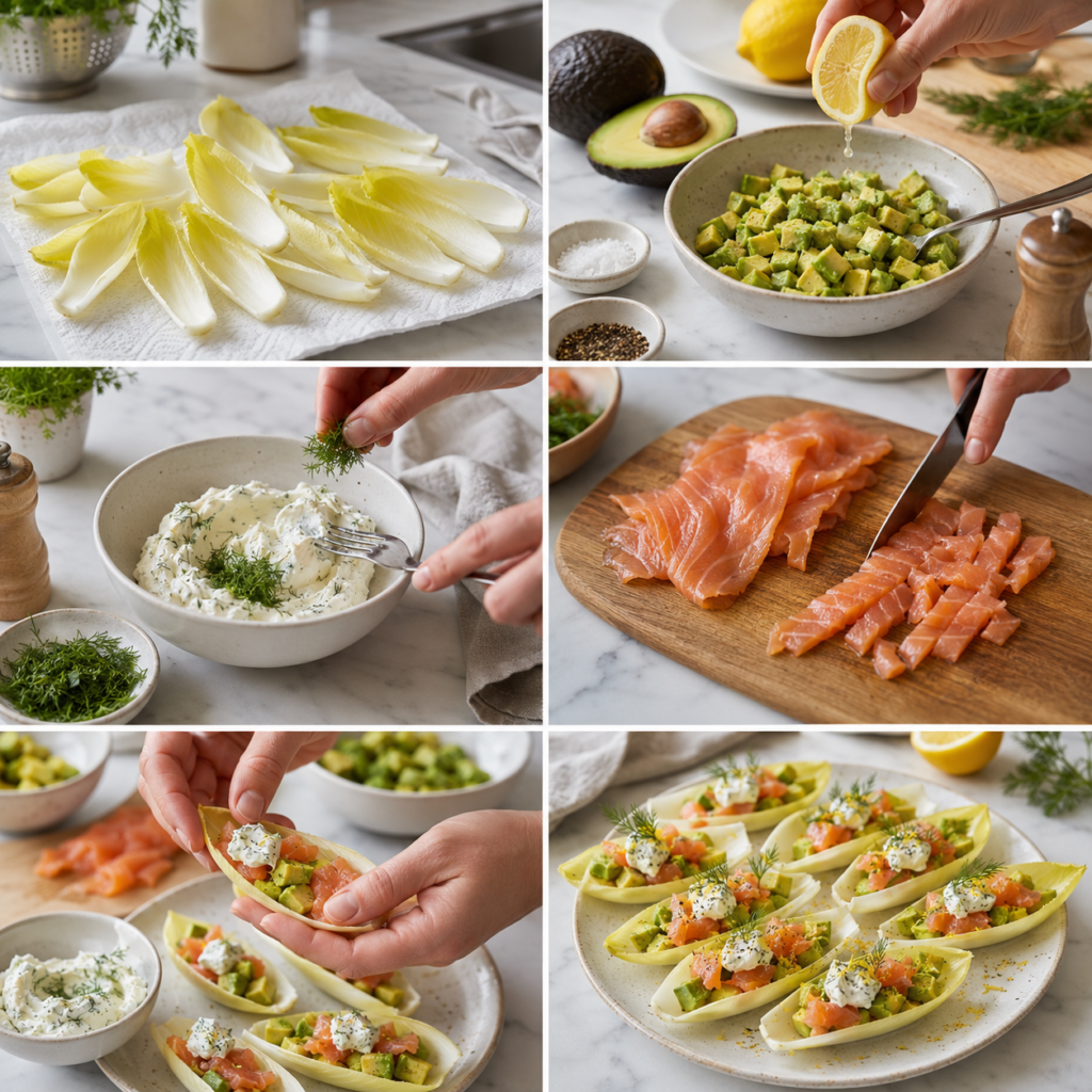 A cozy homemade cooking scene featuring "Barquettes d’Endives au Saumon Fumé, Avocat et Fromage Frais" artistically arranged on a rustic wooden kitchen table. In the foreground, showcase elegant endive leaves filled with layers of smoked salmon, creamy fresh cheese, and slices of ripe avocado, garnished with fresh herbs and a sprinkle of lemon zest for a pop of color. In the middle ground, include a small bowl of lemon wedges and a glass of sparkling water with herbs, softly reflecting warm light. The background captures a glimpse of a well-used kitchen with wooden shelves, pots, and fresh ingredients, all bathed in natural sunlight. The mood is inviting and sophisticated, emphasizing the freshness and charm of this no-cook appetizer as a chic choice for gatherings. Barquettes d’Endives au Saumon Fumé, Avocat et Fromage Frais