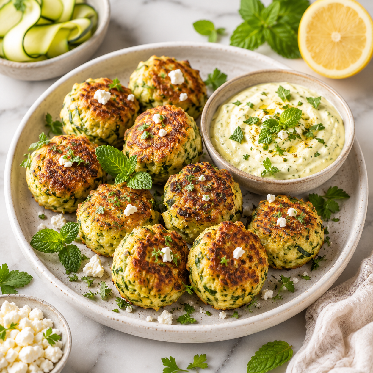 Boulettes de Courgettes et Feta à la Sauce Curry-Menthe