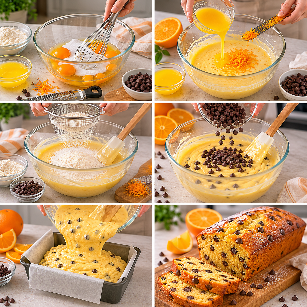 A beautifully baked Orange Chocolate Chip Cake, its golden crust glistening with a light glaze, sits invitingly on a rustic wooden kitchen table. The cake is adorned with vibrant slices of fresh orange on top, and scattered chocolate chips glisten invitingly across its surface. In the foreground, there are scattered orange peels and a small bowl of chocolate chips, hinting at the ingredients used. The background features a cozy kitchen with soft, warm lighting, highlighting the inviting atmosphere. A few kitchen utensils and a vintage-style cake stand add to the homey feel. The angle is slightly overhead, capturing both the cake and the charming kitchen decor. The mood is warm, inviting, and perfect for a delightful cooking experience. Cake à l’Orange et Pépites de Chocolat